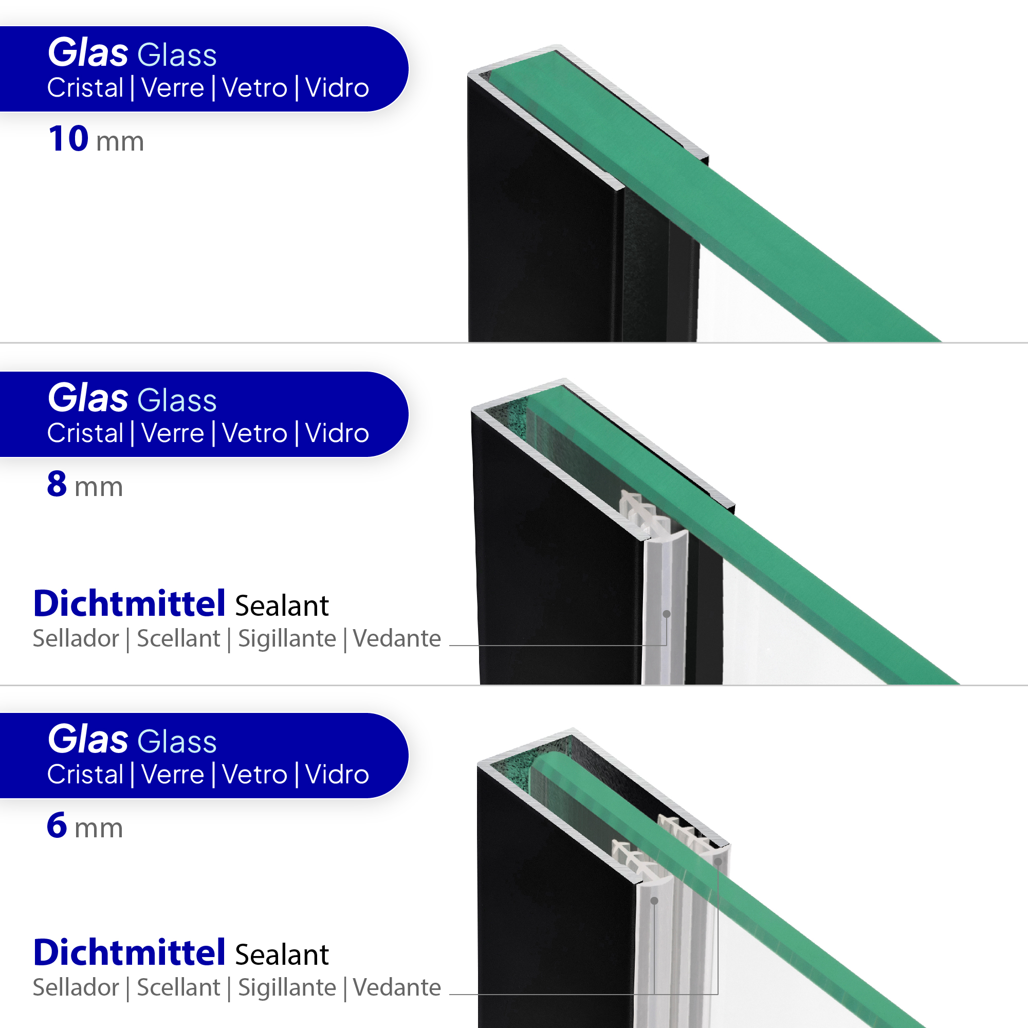 Mattschwarzes Aluminiumprofil für 8 mm Glas – vielseitig einsetzbar an Wand, Boden und Decke – 180 cm/190 cm