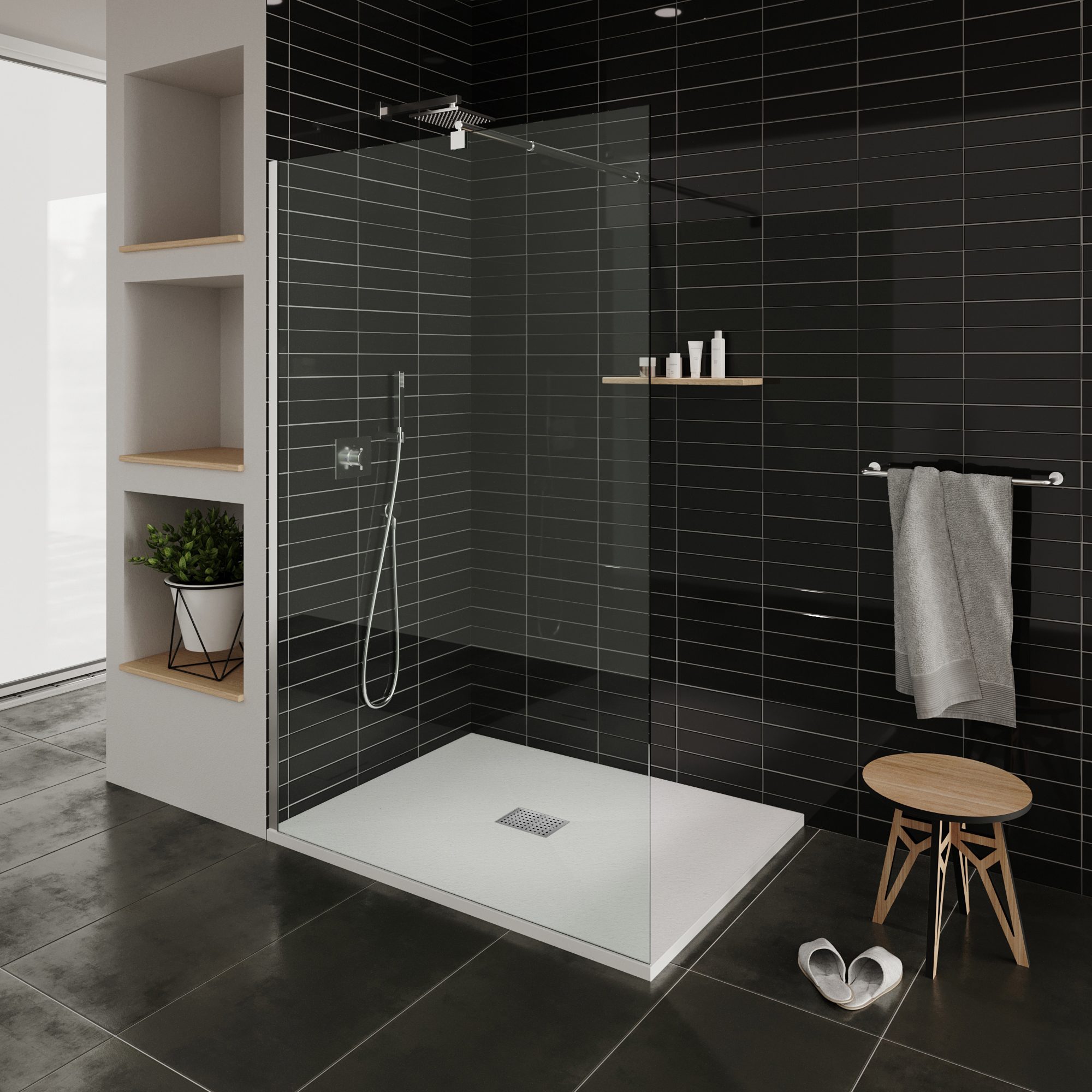 Tray – SMC Shower Boreal in Stone Look with Drain Assembly - Grey