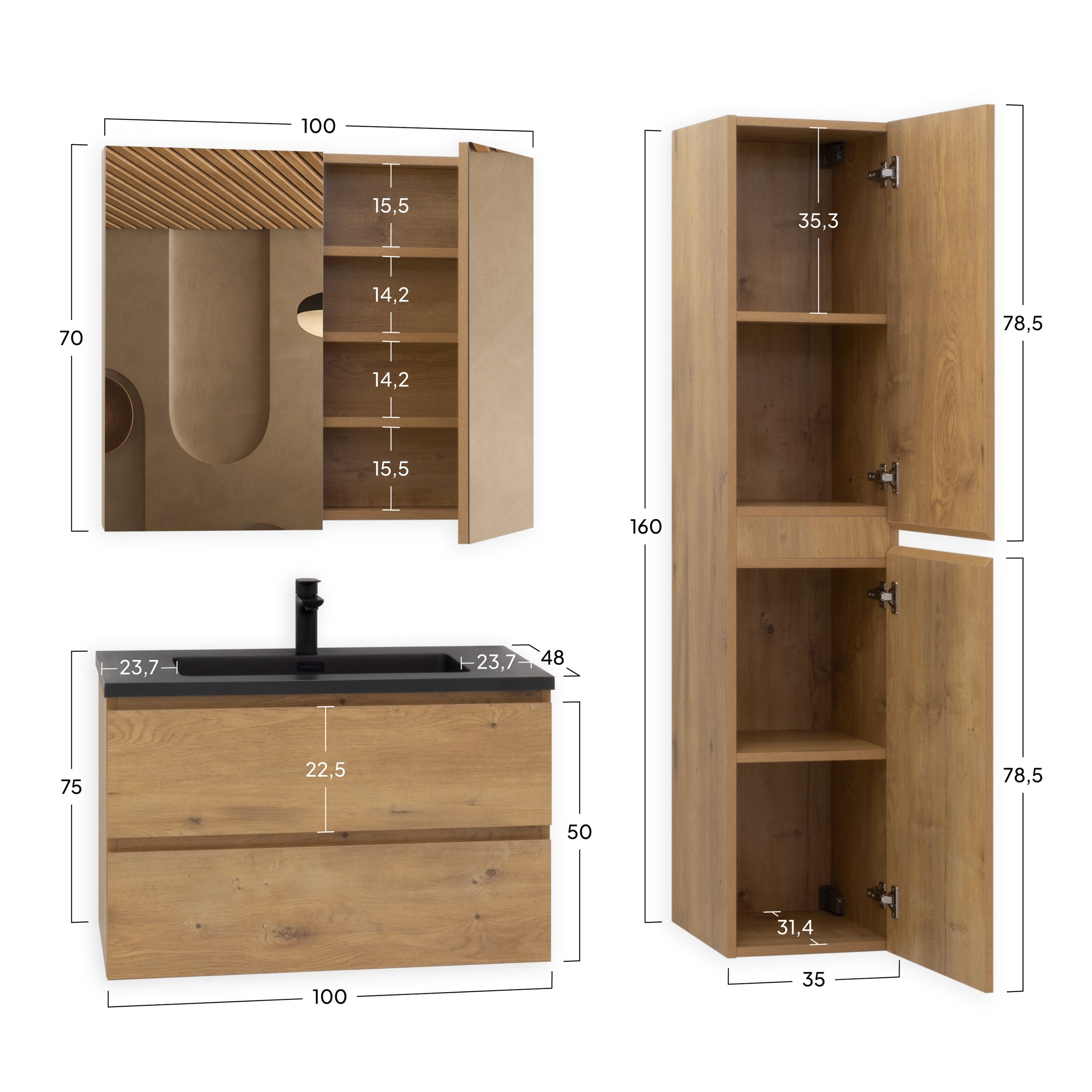 Badmöbel-Set Atena [60/80/100 cm] mit Mineralharz-Waschbecken in Hochglanz Schwarz, Unterschrank mit Spiegel und hängendem Hochschrank in Eiche