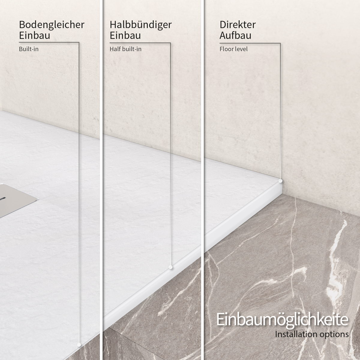 SMC Duschwanne Hiemal in Schieferoptik inkl. Ablaufgarnitur Weiß 90x180 cm