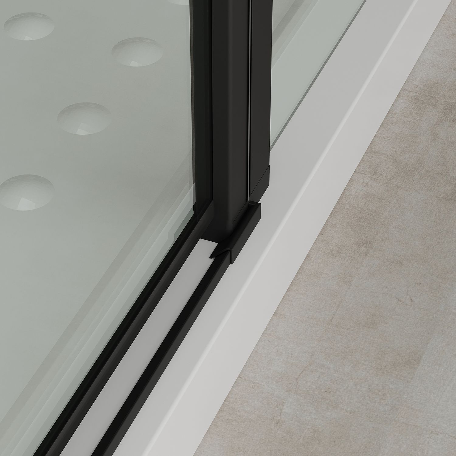 Eckeinstieg Linda mit Klapptüren und schwarzen Profilen aus ESG Sicherheitsglas Eckeinstieg Linda mit Klapptüren und schwarzen Profilen aus ESG Sicherheitsglas