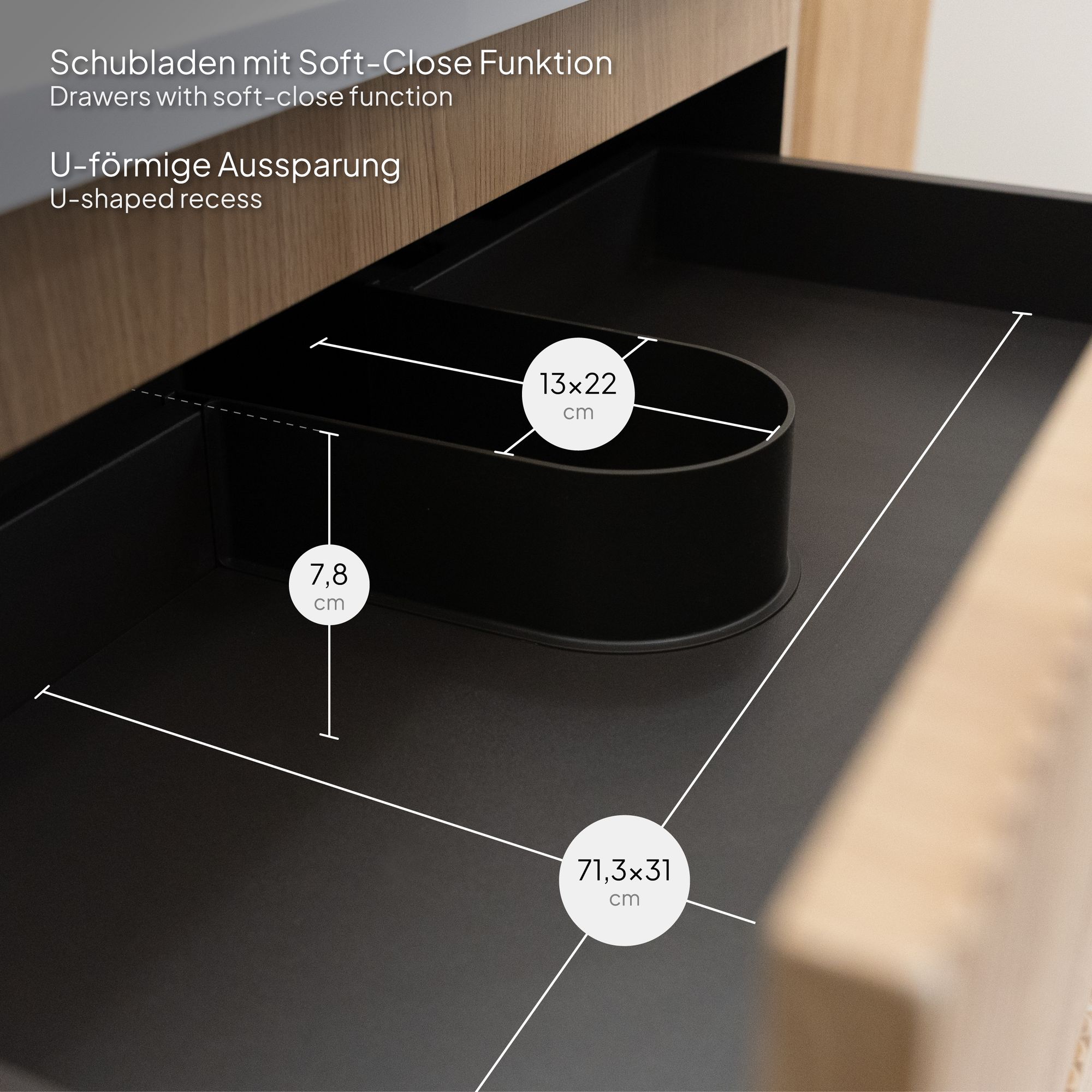 Modular – Badmöbelset Tália – Weißer Resin-Waschtisch, Wandhängender Schrank in Eichenfarbe, Rundspiegel & Seitenmodul (60/80/100 cm)