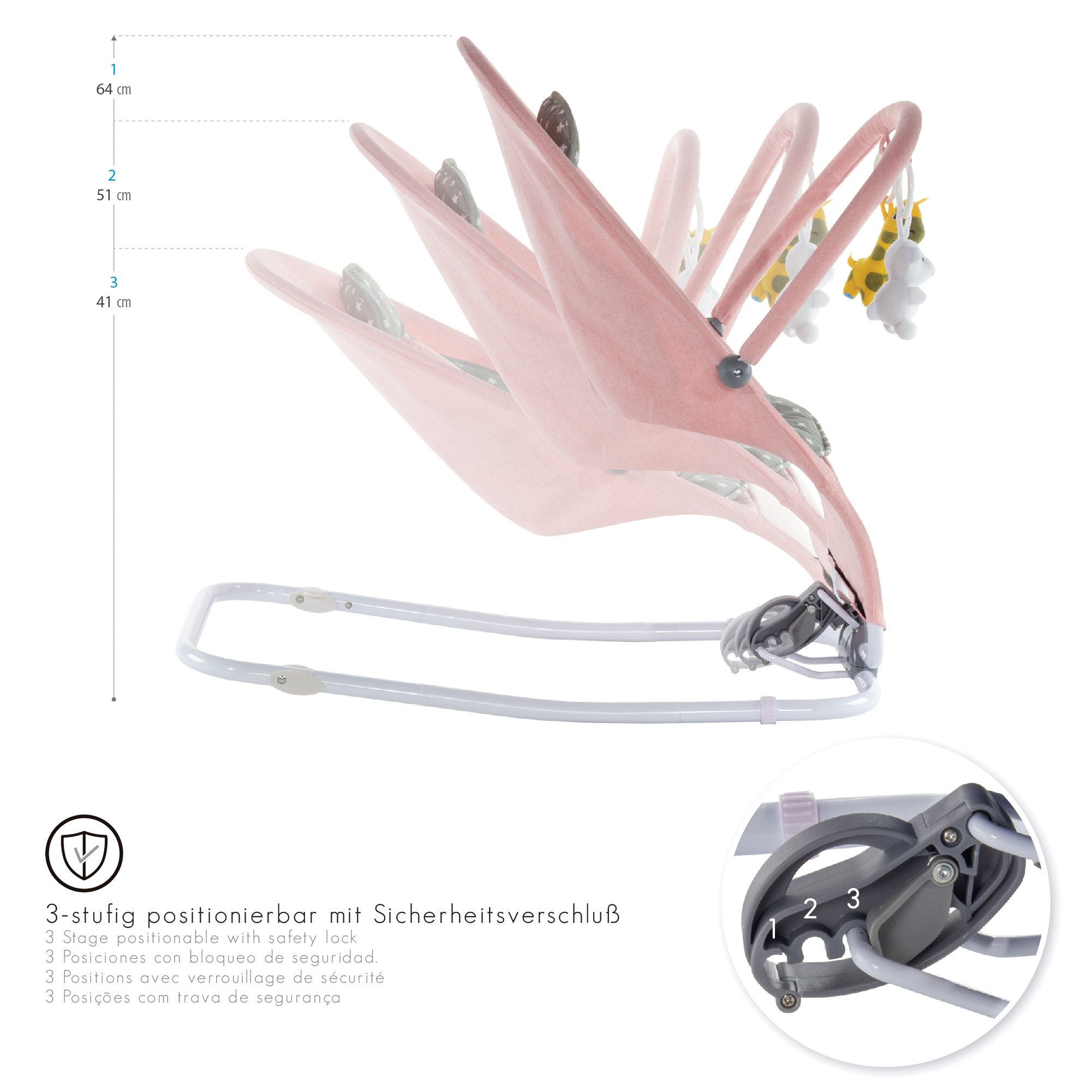 Babywippe VIENO mit abnehmbarem Bezug und Spielebogen Rosa + Grau weiße Sterne Babywippe VIENO mit abnehmbarem Bezug und Spielebogen Rosa + Grau weiße Sterne