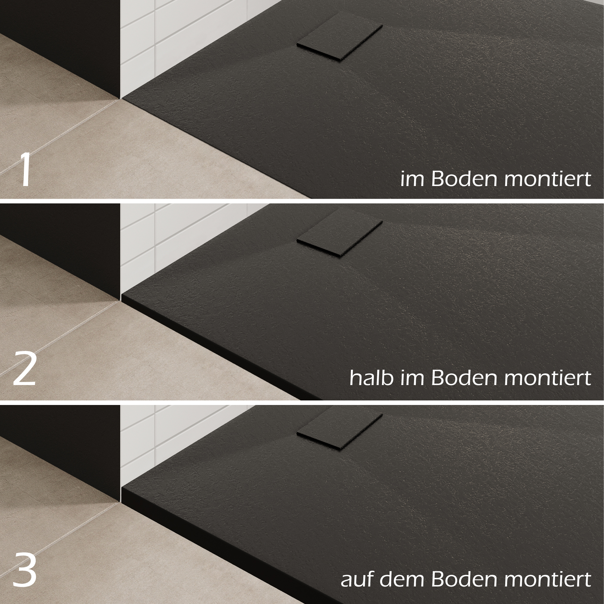 SMC Boreal Shower Tray in Stone Look with Drain Assembly - Black