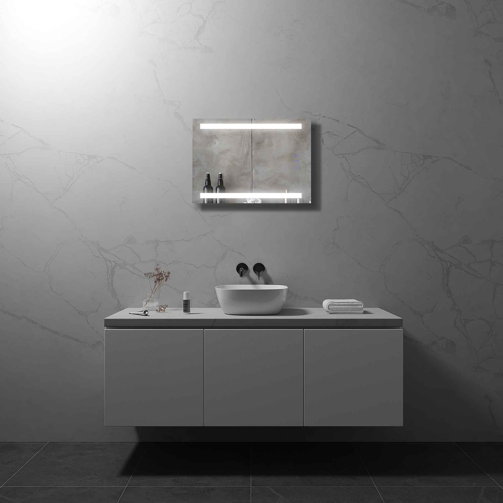 LED Badezimmer Spiegel Beam mit 2 dimmbaren Lichtstreifen, Antibeschlag-Funktion und Farbwechsel LED Bathroom Mirror Beam with 2 Dimmable Light Strips, Anti-Fog Function, and Color Change Feature