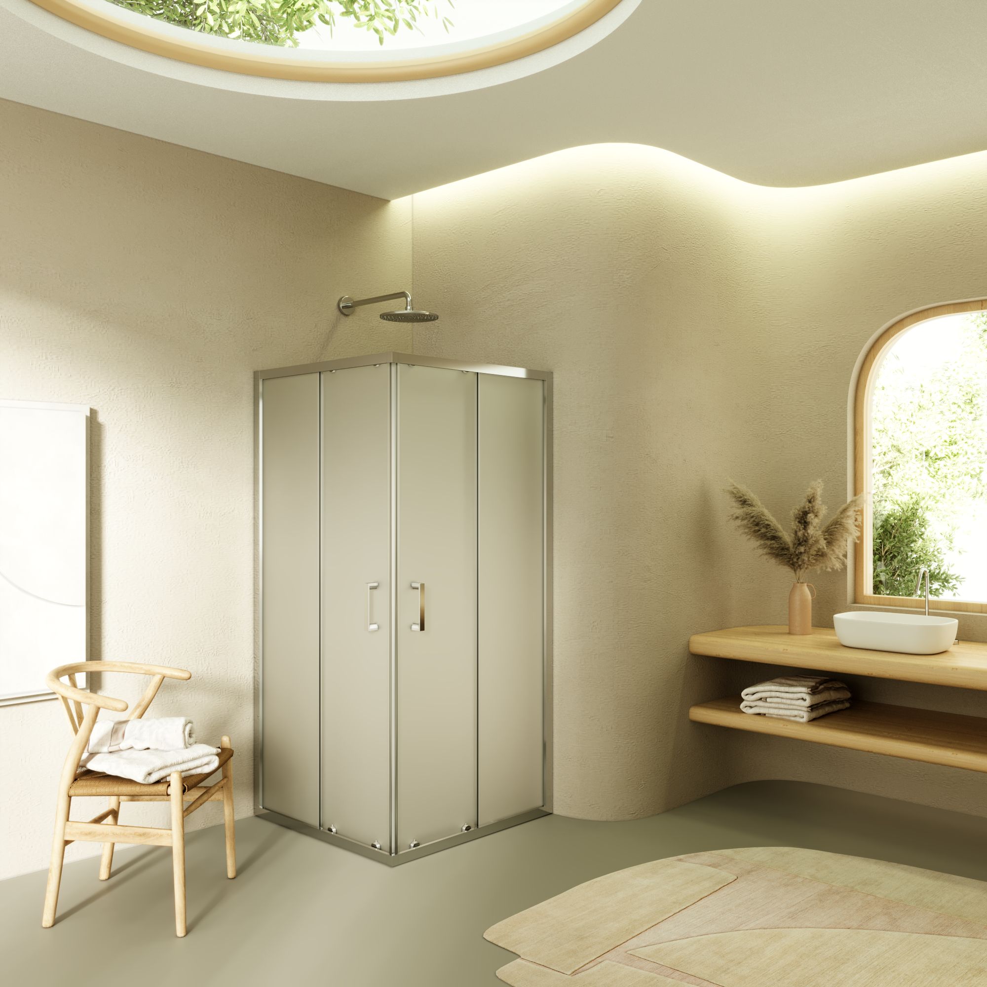 Eckeinstieg Diana mit Schiebetüren aus satiniertem ESG Sicherheitsglas Diana – Corner Entry with Sliding Doors made of Satin-Finished ESG Safety Glass