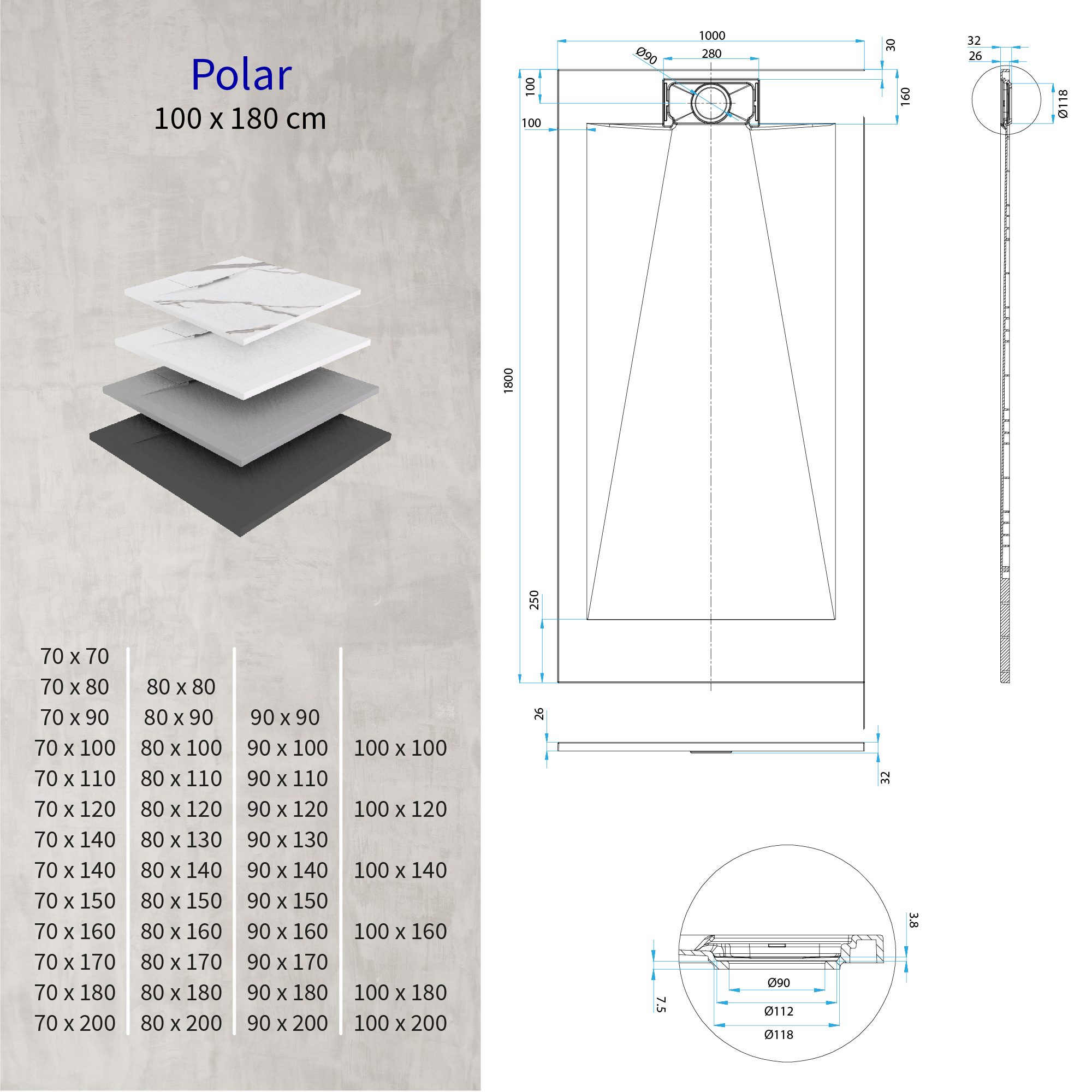 SMC Shower Tray Polar in Stone Look with Drain Assembly - Black