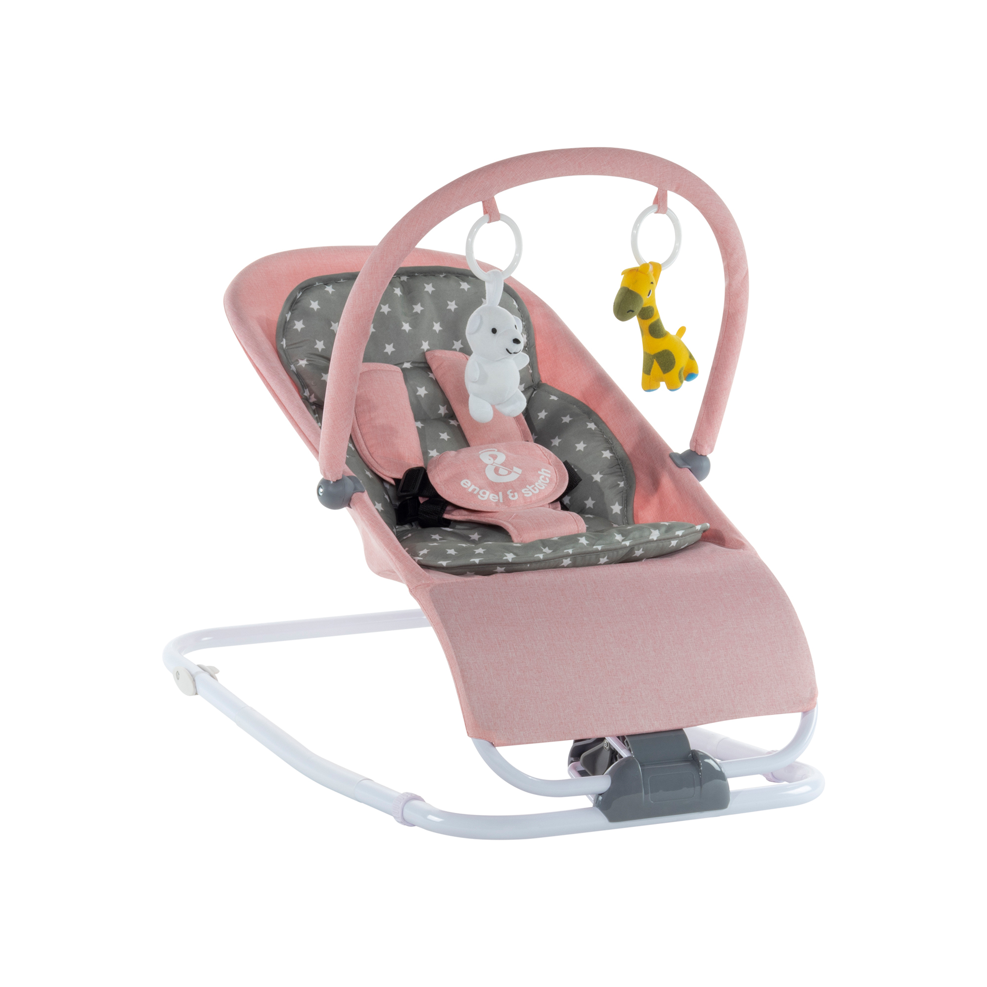 Babywippe VIENO mit abnehmbarem Bezug und Spielebogen Rosa + Grau weiße Sterne Babywippe VIENO mit abnehmbarem Bezug und Spielebogen Rosa + Grau weiße Sterne