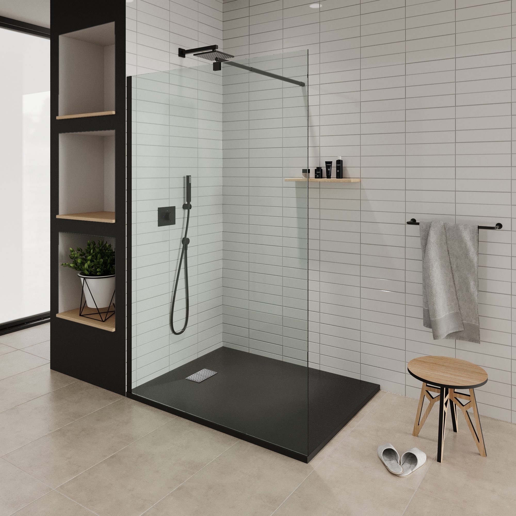 SMC Duschwanne Boreal INOX in Stein-Optik inkl. Ablaufgarnitur und Edelstahldeckel - Schwarz