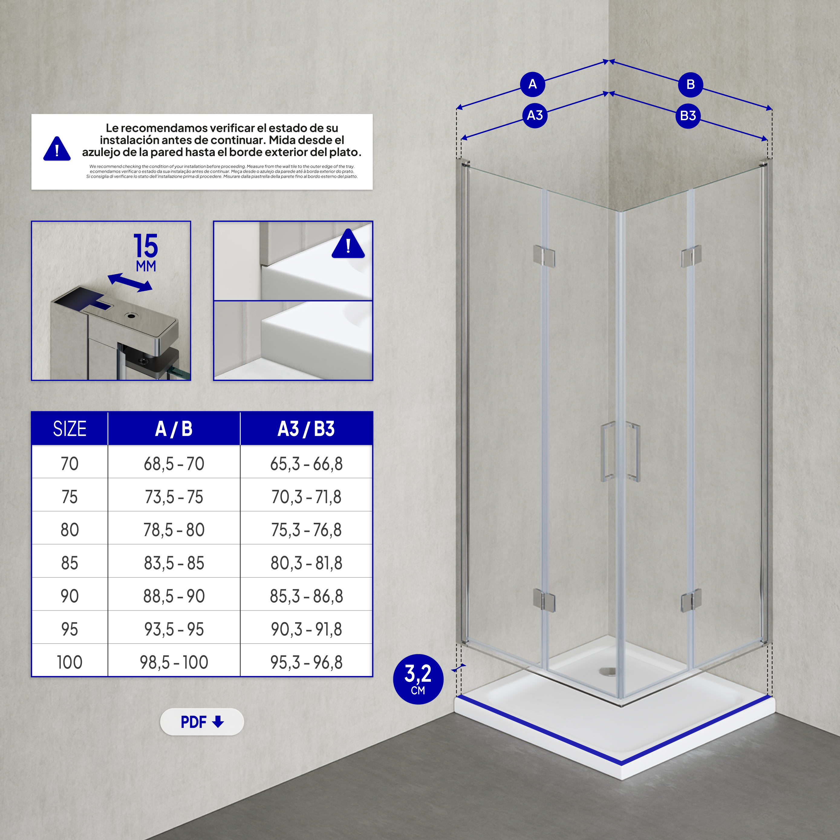 Corner entry Belle with folding doors made of 6mm tempered safety glass