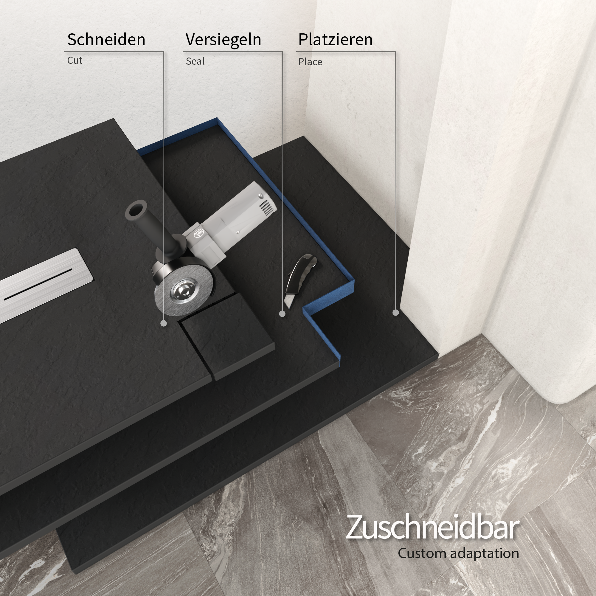 Lumia – SMC Duschwanne in Schieferoptik inkl. Ablaufgarnitur Schwarz