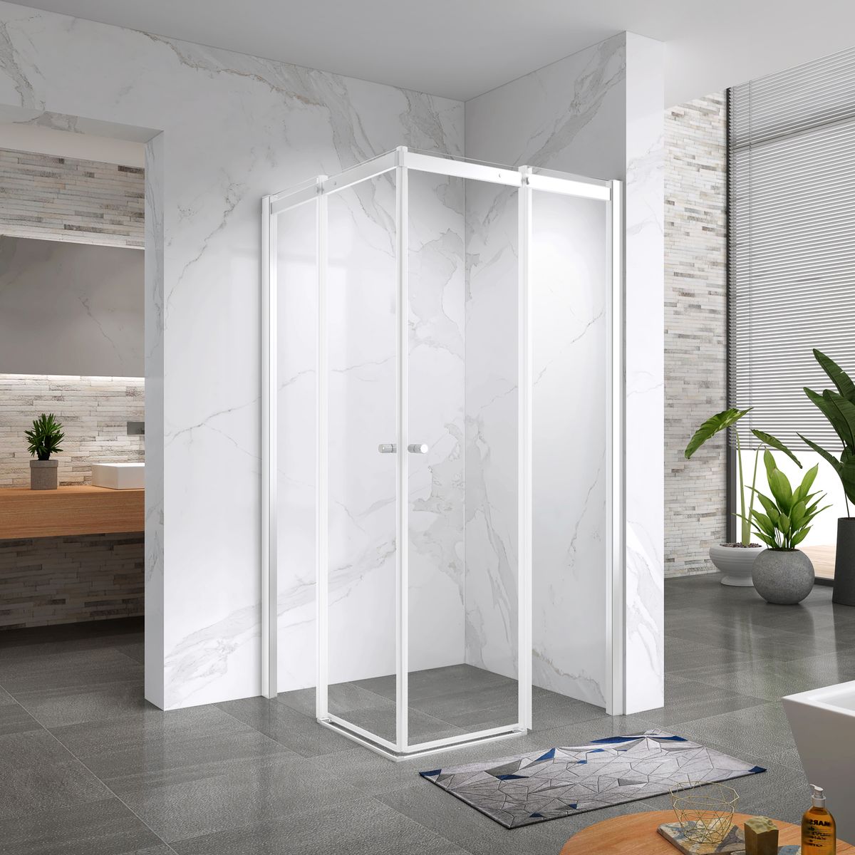 Corner Entry Kaylee WHITE with Sliding Doors made of ESG Safety Glass Eckeinstieg Kaylee WHITE mit Schiebetüren aus ESG Sicherheitsglas 195cm-90x90 cm