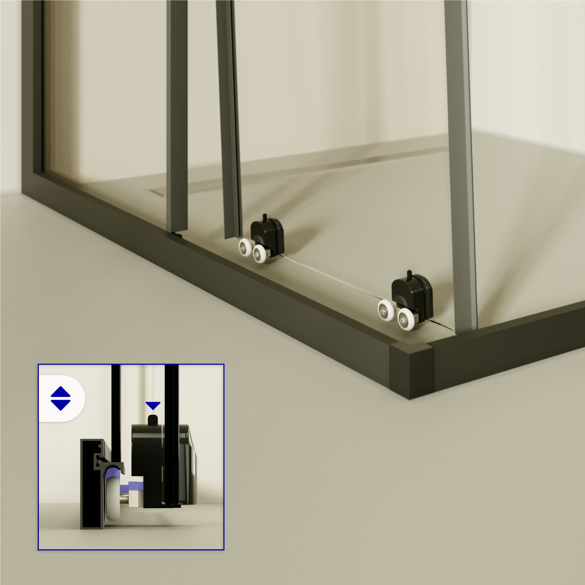 Corner entry Danielle with sliding doors and black profiles made of ESG safety glass. Corner entry Danielle with sliding doors and black profiles made of ESG safety glass.