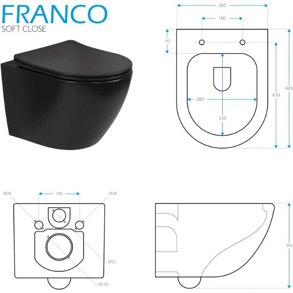 Toilette Hänge WC Spülrandlos inkl. WC Sitz mit Absenkautomatik SOFTCLOSE + abnehmbar Franco Schwarz MATT Toilette Hänge WC Spülrandlos inkl. WC Sitz mit Absenkautomatik SOFTCLOSE + abnehmbar Franco Schwarz MATT