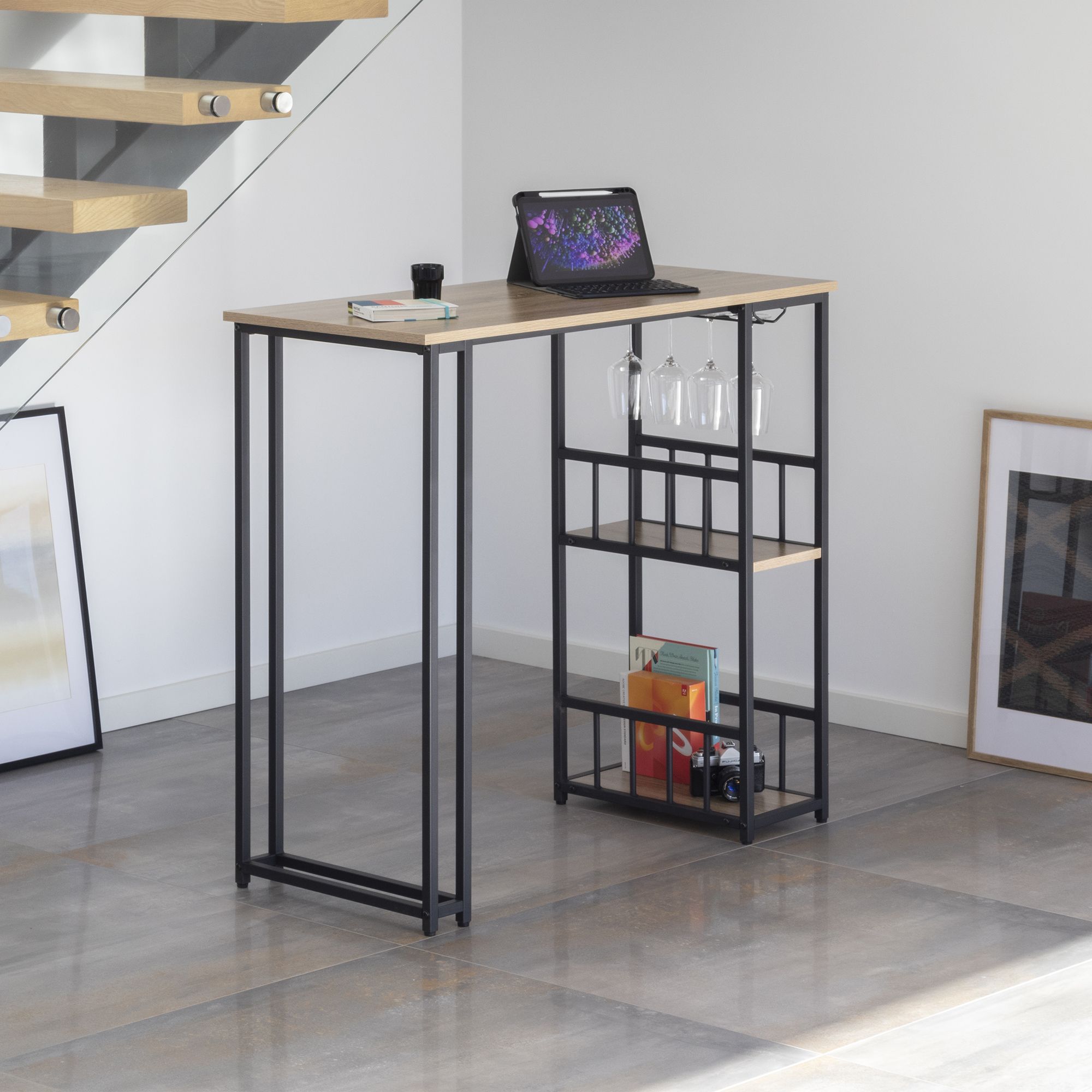 i-flair Stehtisch Bartisch Gavin – Stehtisch mit Stahlrahmen und 2 Ablageflächen & Glashalter Eiche Bar – i-flair Standing Table Table Gavin – Standing Table with Steel Frame and 2 Shelves & Glass Holder in Oak