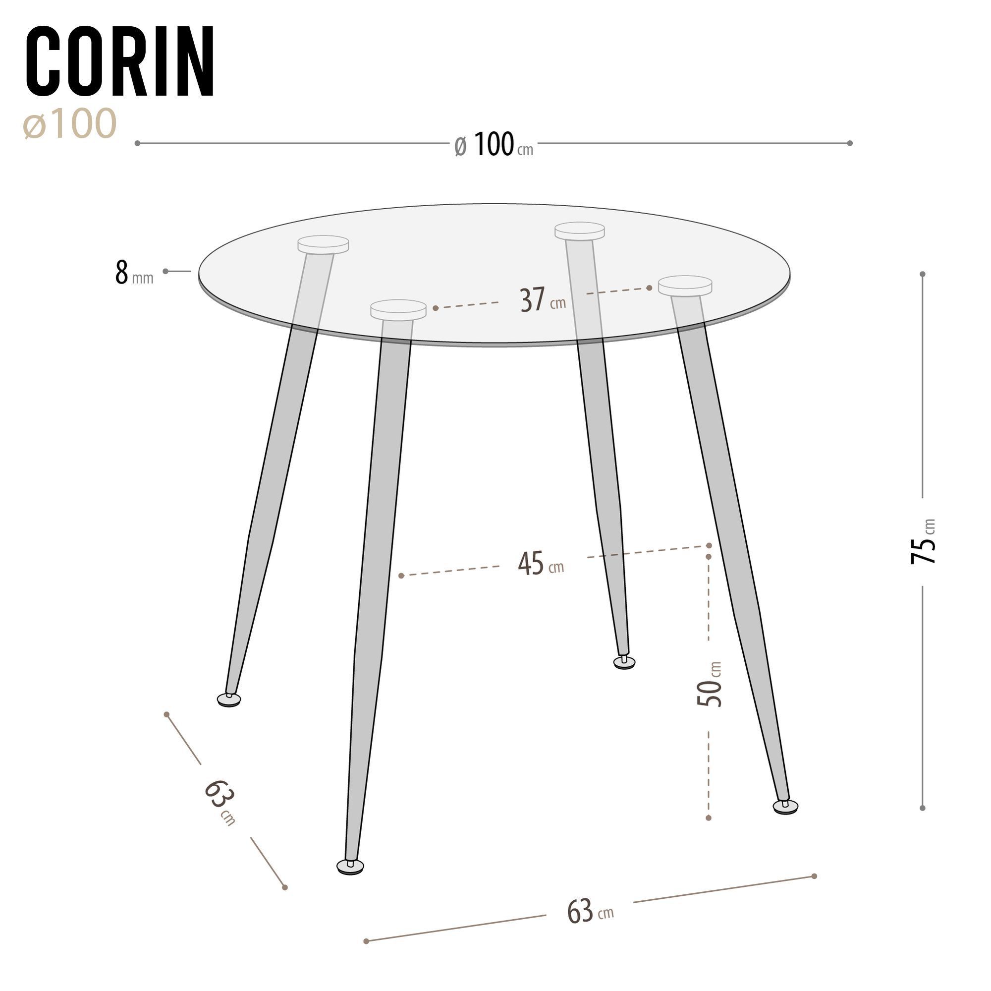 CORIN – Esszimmer-Tisch | Tischplatte: Glas in weißer Marmor Optik | Beine: Schwarz