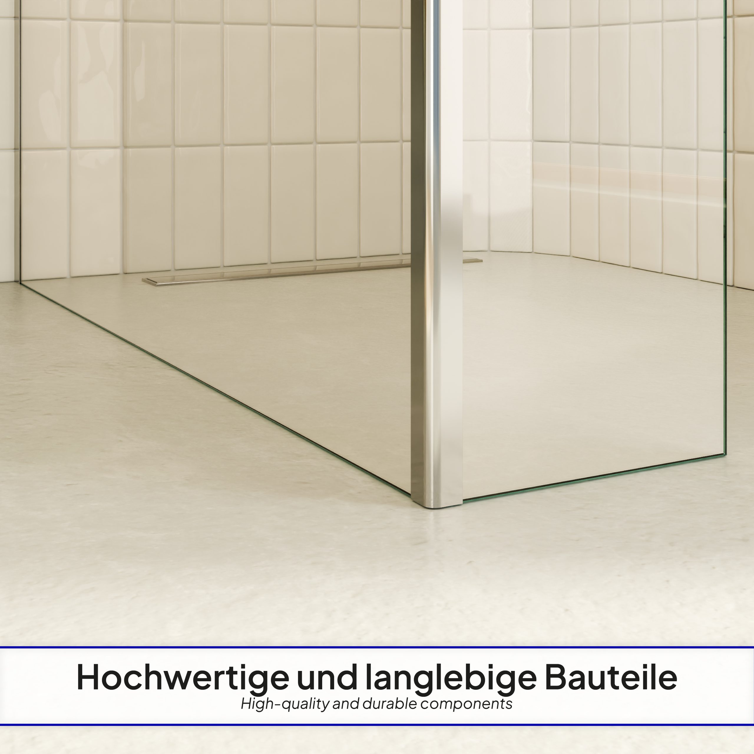 FIONA – Walk In Dusche aus 10 mm klarem ESG Sicherheitsglas mit Spritzschutz