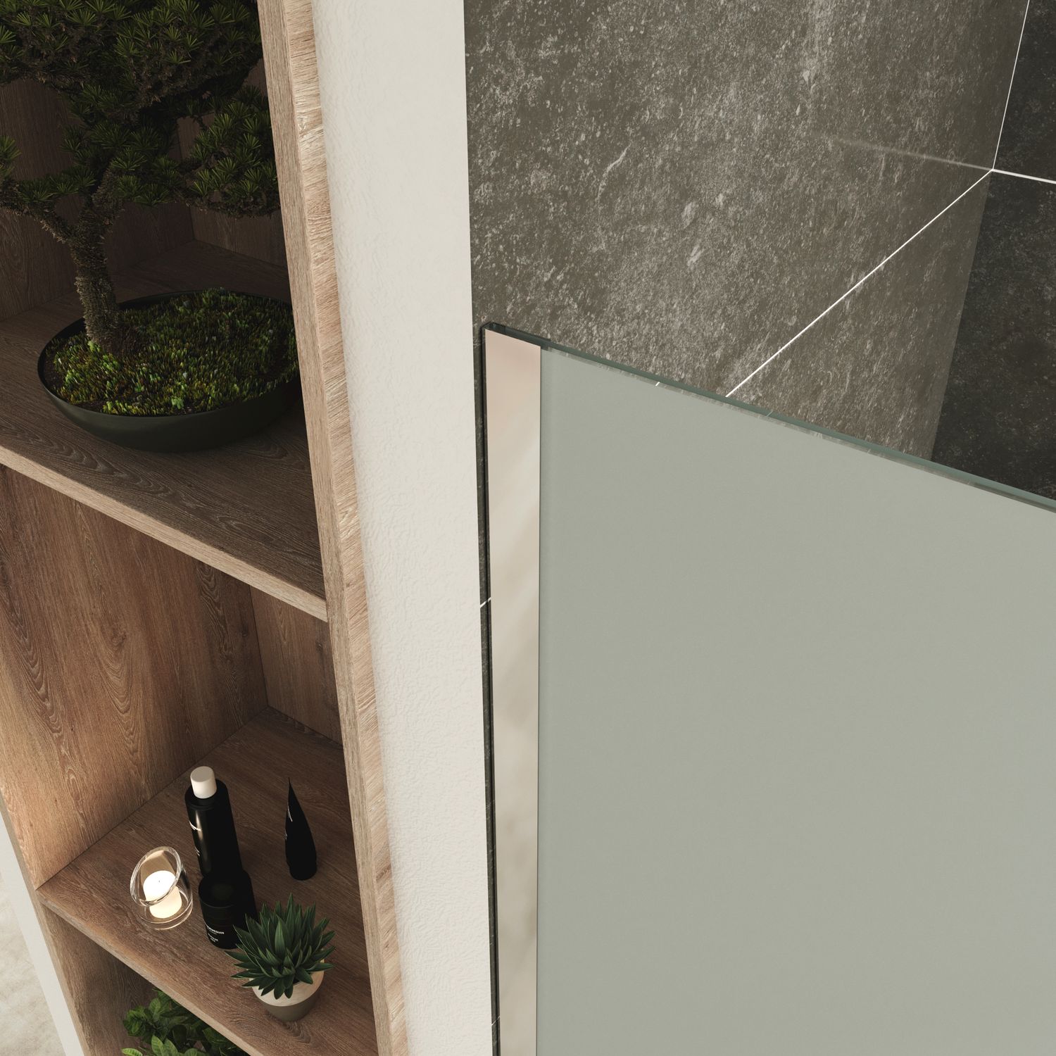 Walk In Dusche FIONA aus 10 mm starkem satiniertem ESG Sicherheitsglas und Edelstahl Profil Walk-In Shower Fiona made of 10 mm thick frosted ESG safety glass and stainless steel profile.