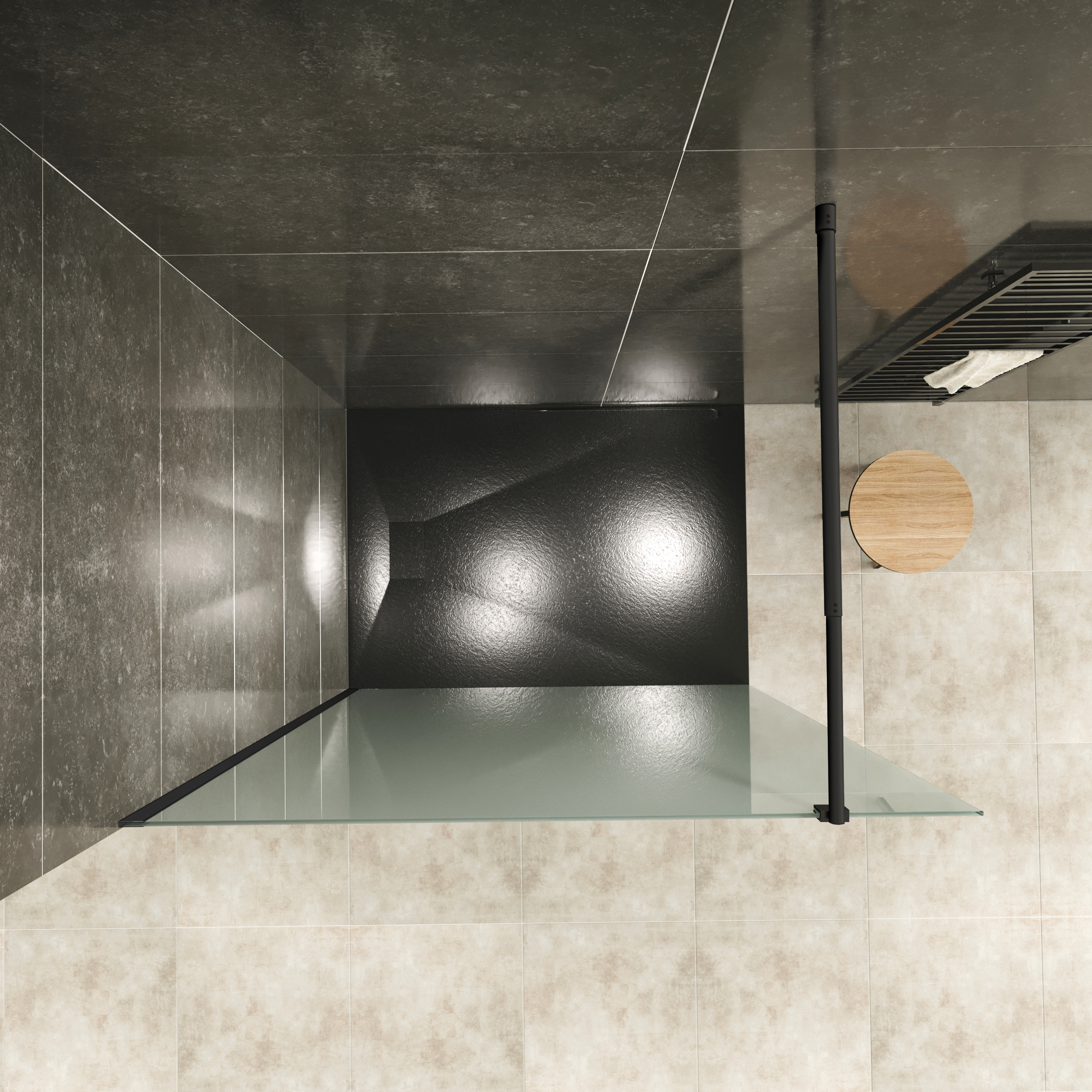 Walk-In Shower Fiona made of 10 mm thick satin-finished ESG safety glass with a black aluminum profile.