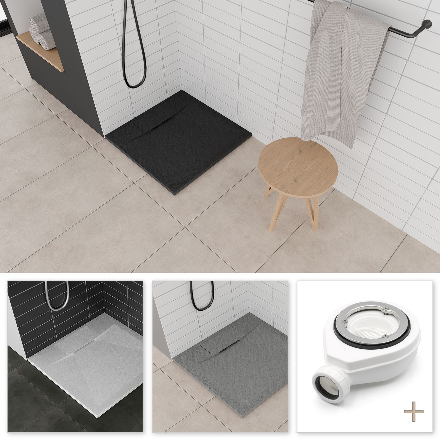 SMC Duschwanne Polar 90x90 cm, Duschtasse in Steinoptik inkl. Ablaufgarnitur - Schwarz