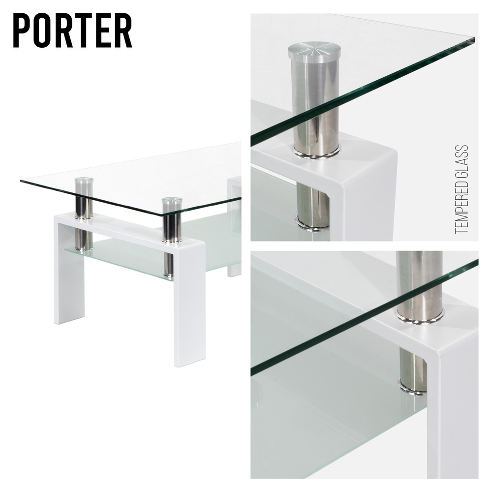 Couchtisch PORTER aus Glas/Metall mit weißem Holz PORTER – Couchtisch aus Glas/Metall mit weißem Holz
