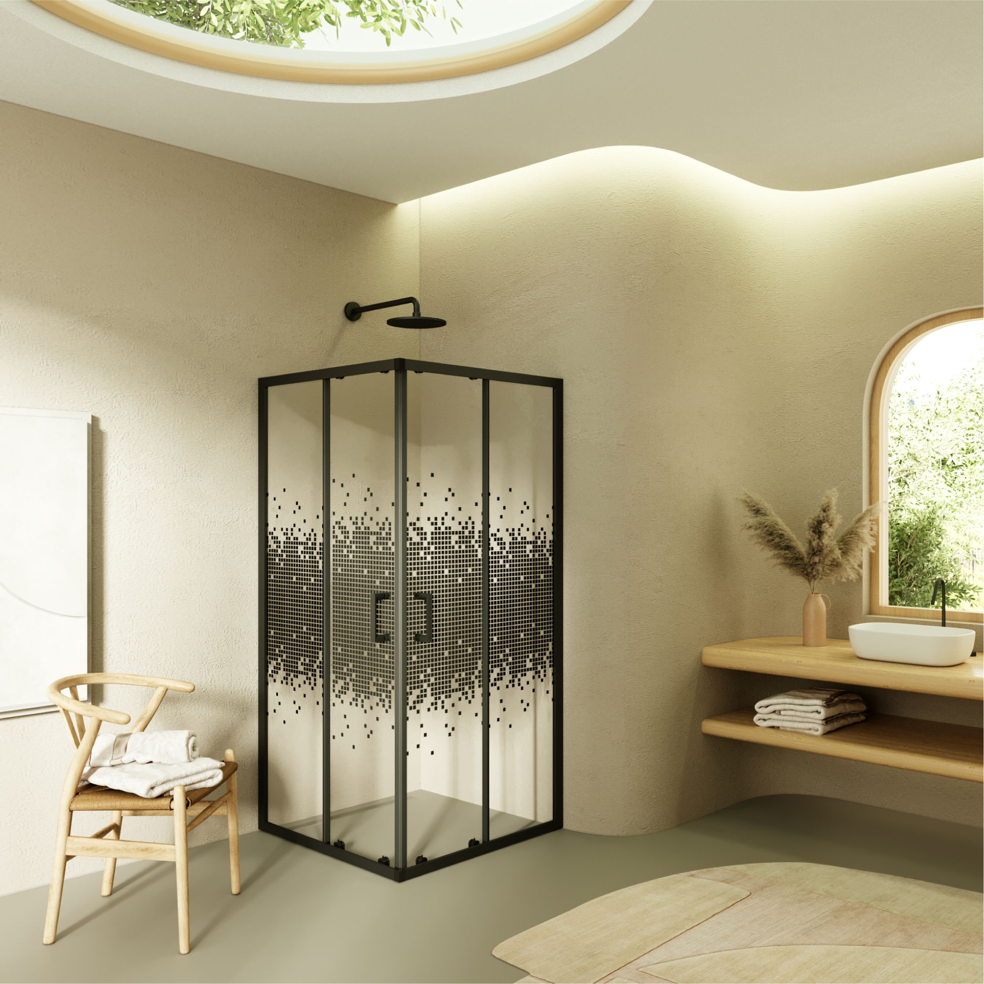 Eckeinstieg Danielle mit Schiebetüren aus schwarz kariertem ESG Sicherheitsglas Danielle – Corner entry with sliding doors made of black checkered ESG safety glass.
