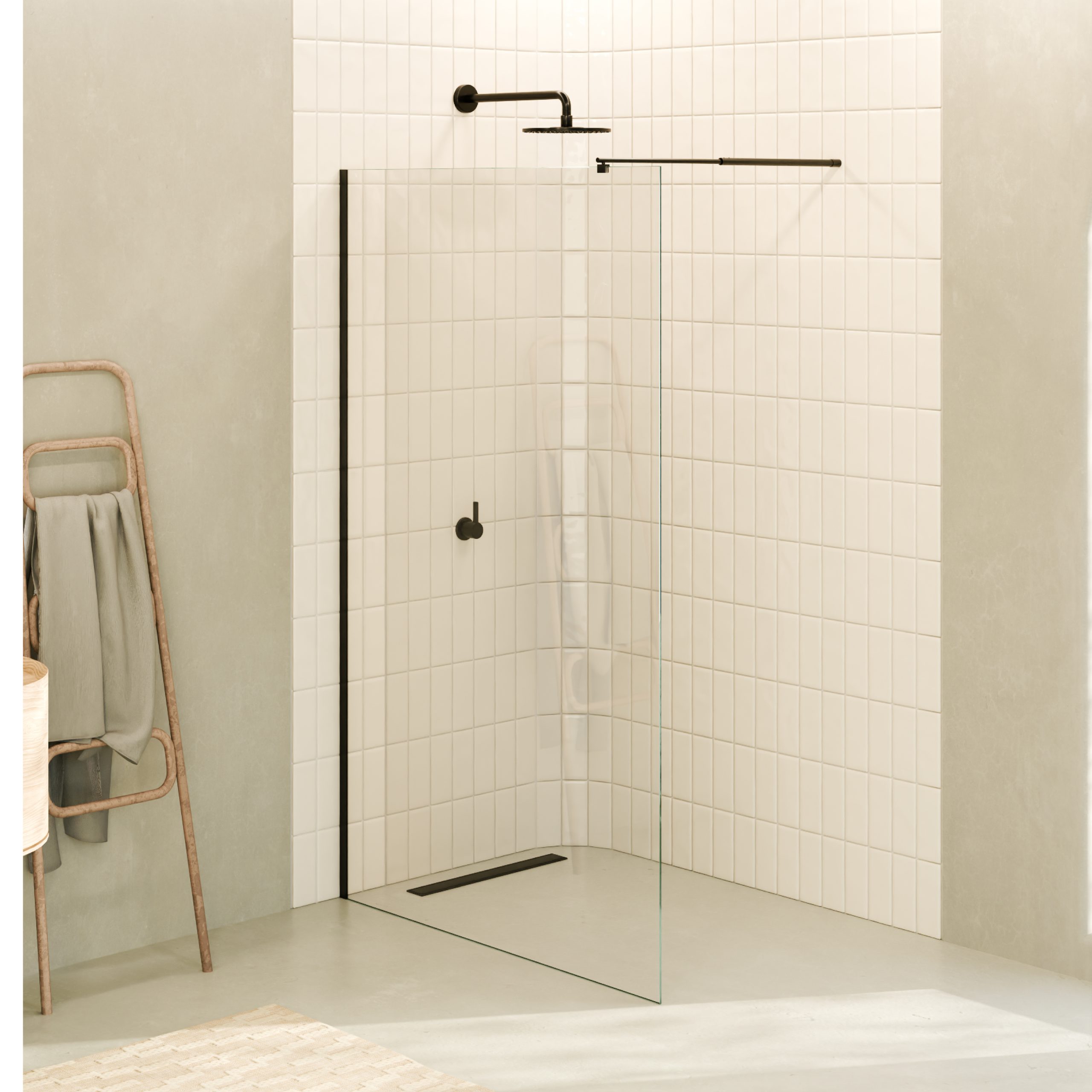 Walk-In Shower Fiona made of 10 mm thick ESG safety glass and black aluminum profile.