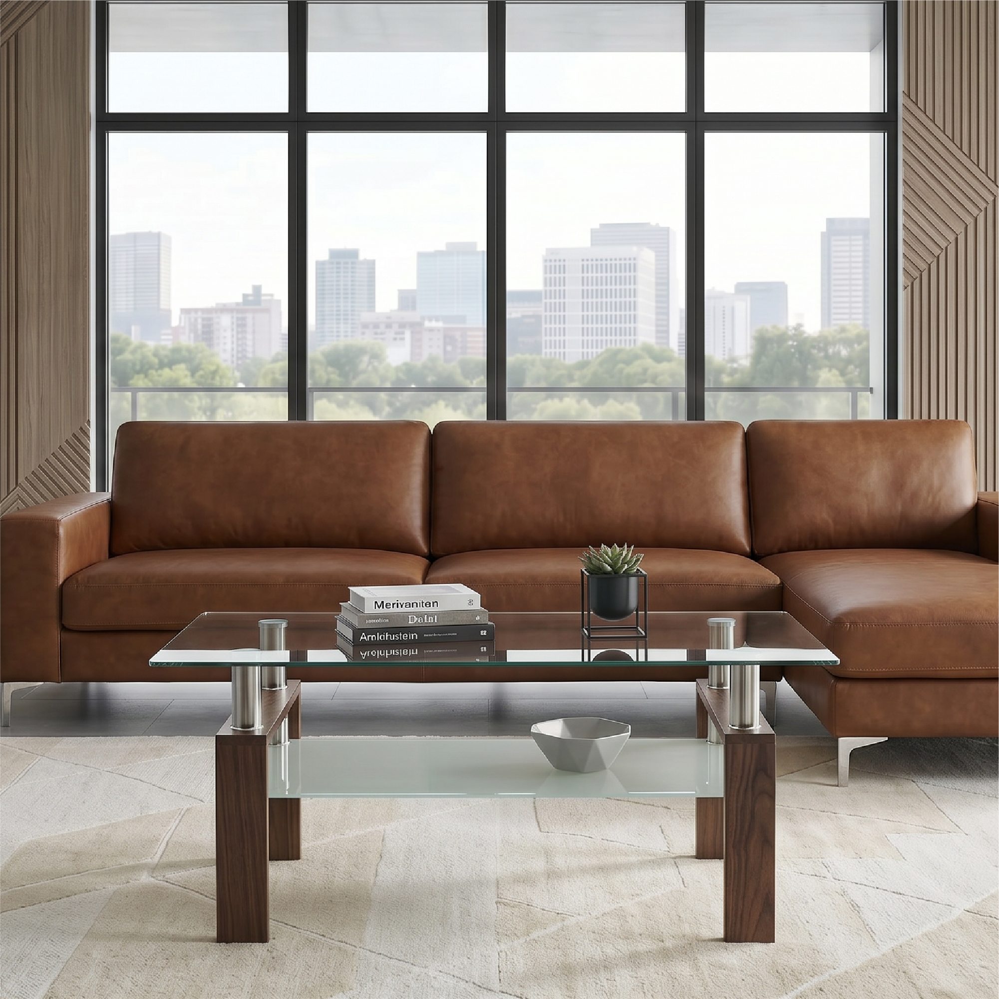 Coffee Table PORTER made of Glass/Metal with Walnut-Colored Wood