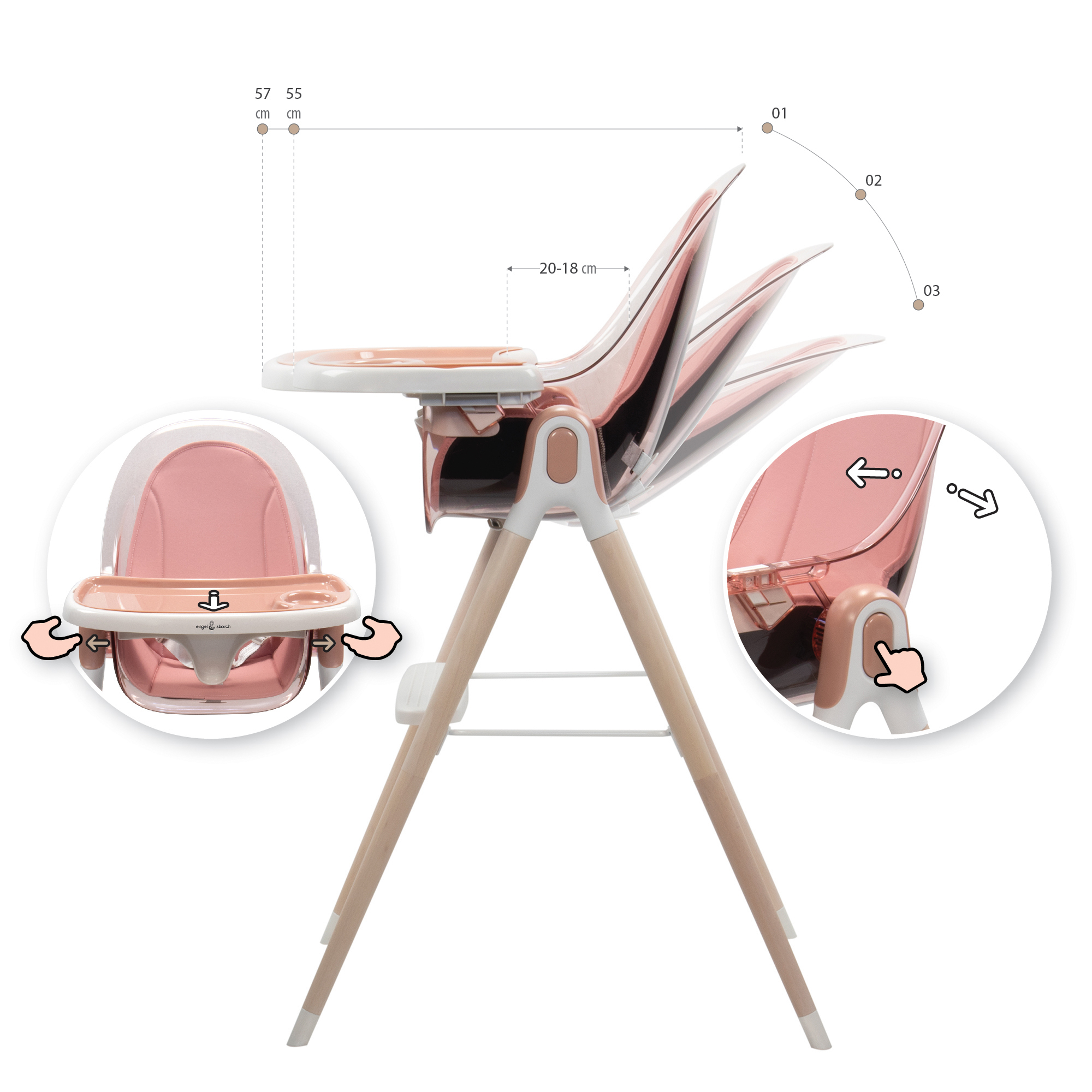 Kinderhochstuhl ARTO Kinderstuhl mit Esstablett und Stuhl Transparent Rosa