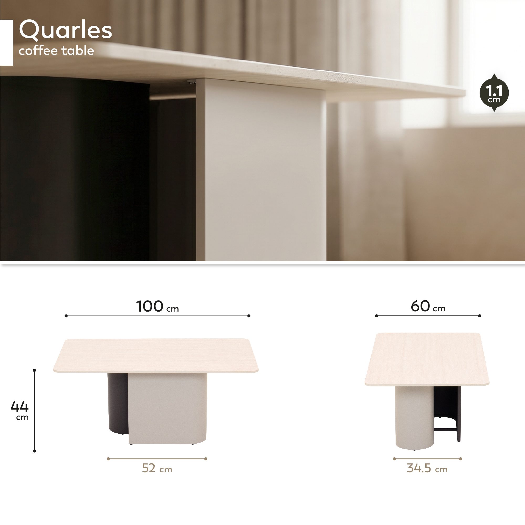 Quarles – Moderner Couchtisch mit Keramikplatte in heller Steinoptik