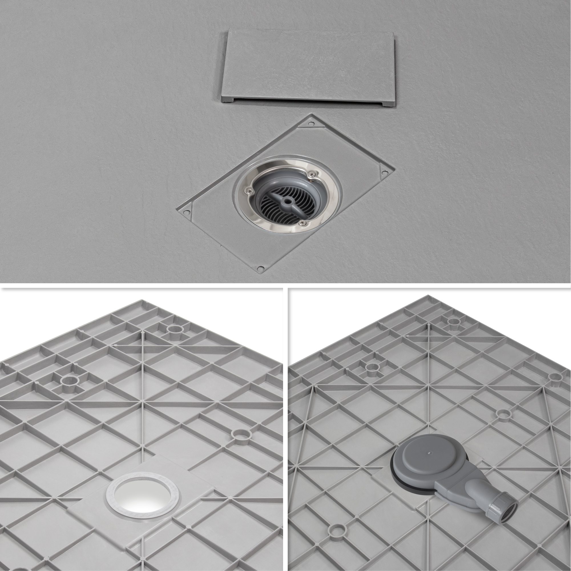 Tray – SMC Shower Boreal in Stone Look with Drain Assembly - Grey