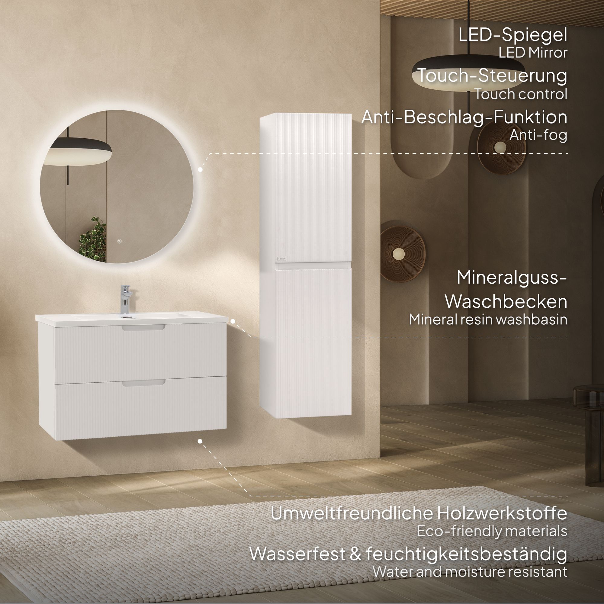 Badmöbelset Tália Modular – Weißer Resin-Waschtisch, Wandhängender Schrank, Rundspiegel & Seitenmodul (60/80/100 cm) 80 cm