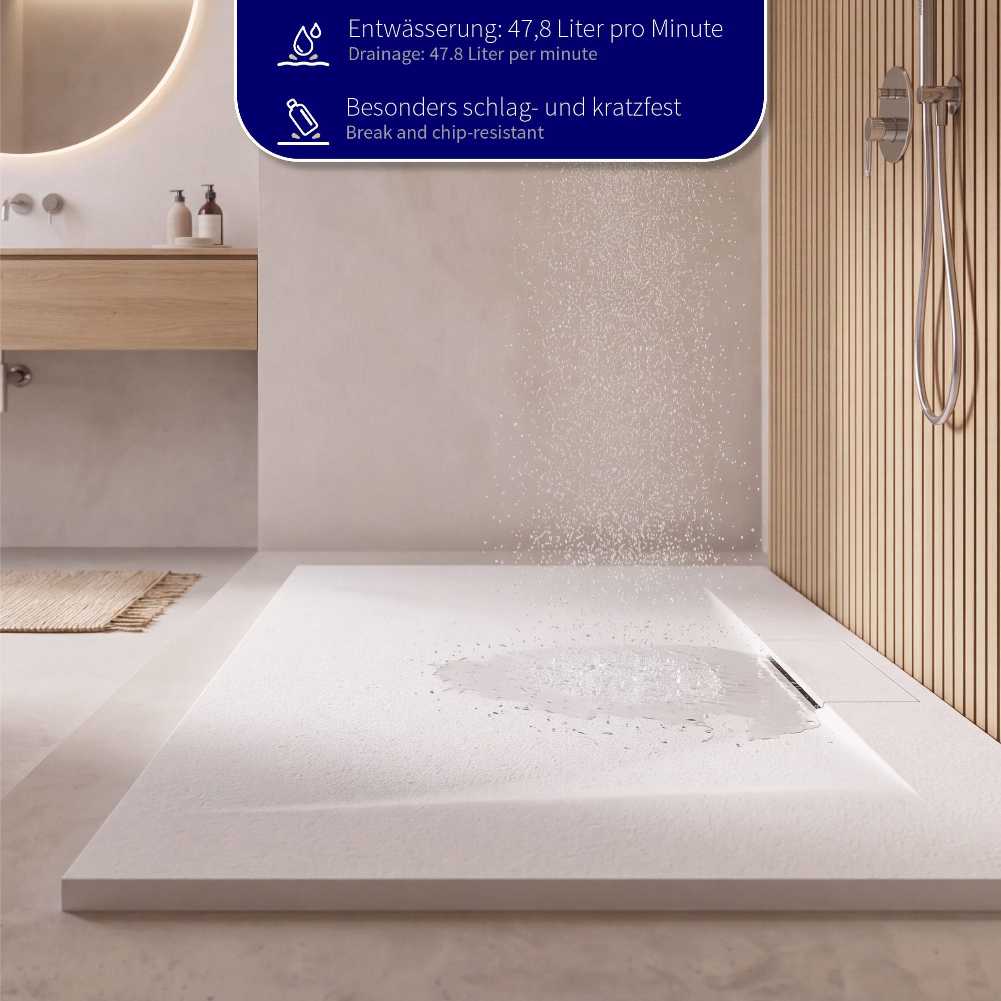 SMC Shower Tray Polar in Stone Look with Drain Assembly - White