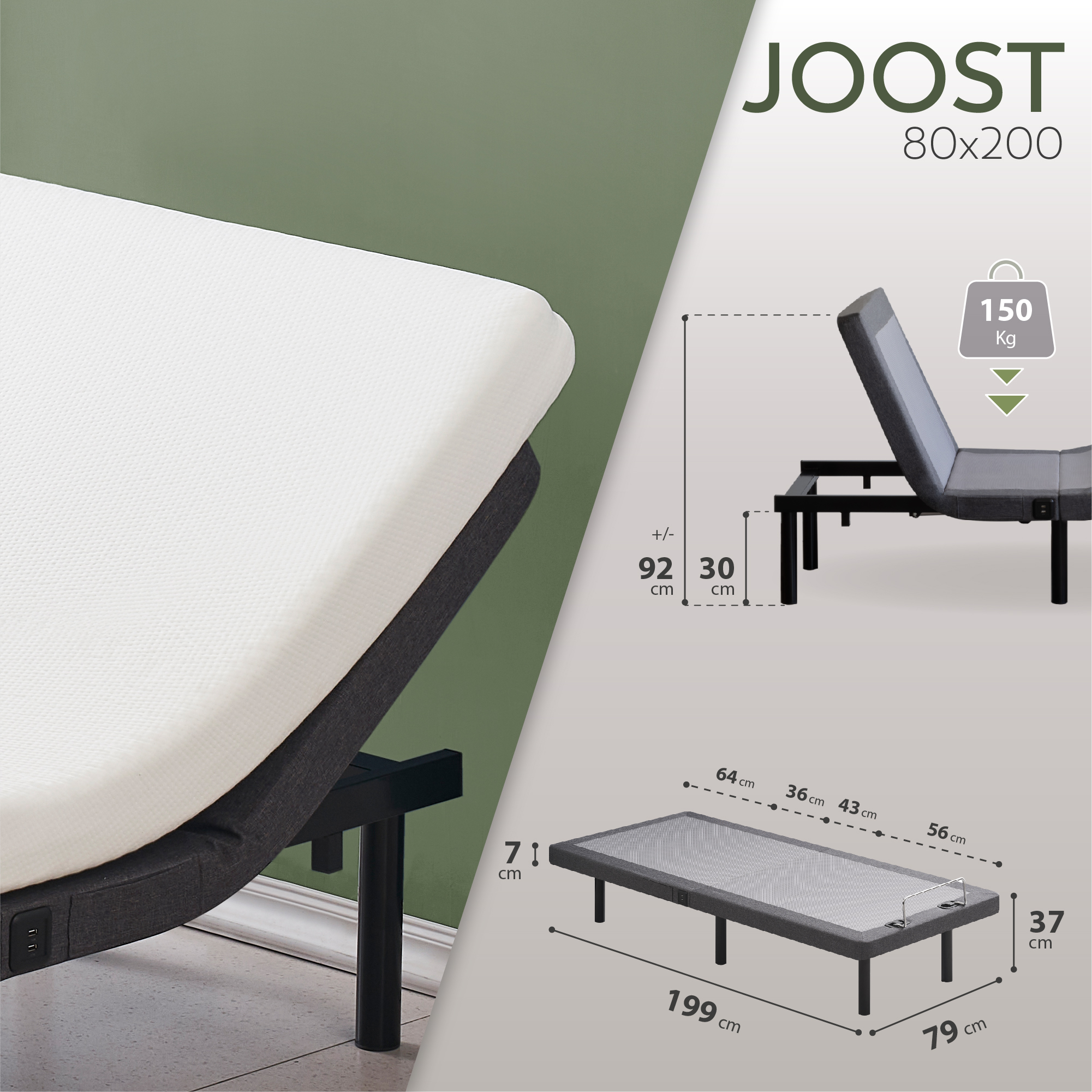 06-Measures-80x200.jpg Joost elektrischer Premium Lattenrost mit 4-stufiger Massagefunktion