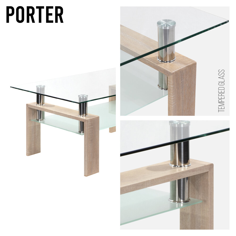 Couchtisch PORTER aus Glas/Metall mit Holz in Eichfarbe PORTER – Coffee Table made of Glass/Metal with Oak-Colored Wood