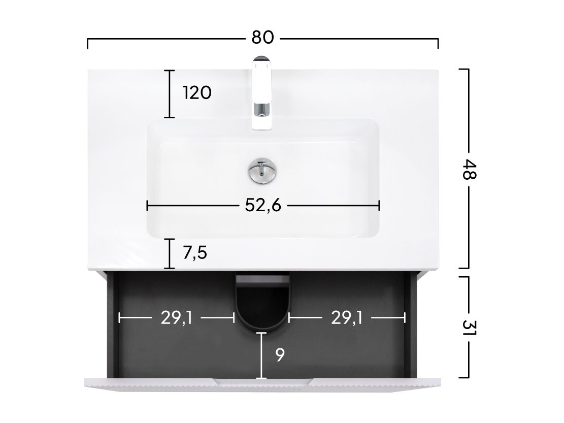 Modular – Badmöbelset Tália – Weißer Resin-Waschtisch, Wandhängender Schrank in Weiß, Rundspiegel & Seitenmodul (60/80/100 cm)