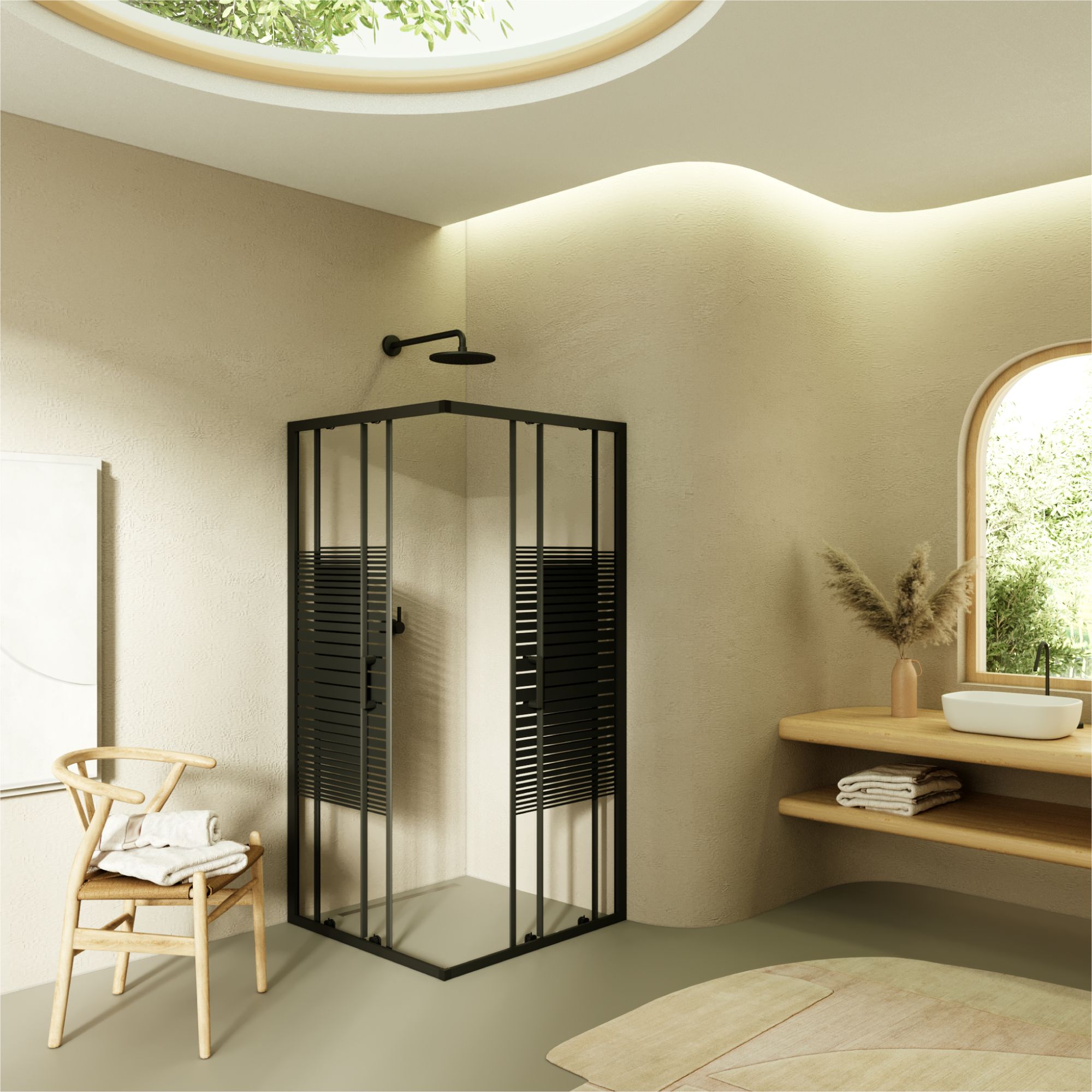 Eckeinstieg Danielle mit Schiebetüren aus schwarz gestreiftem ESG Sicherheitsglas