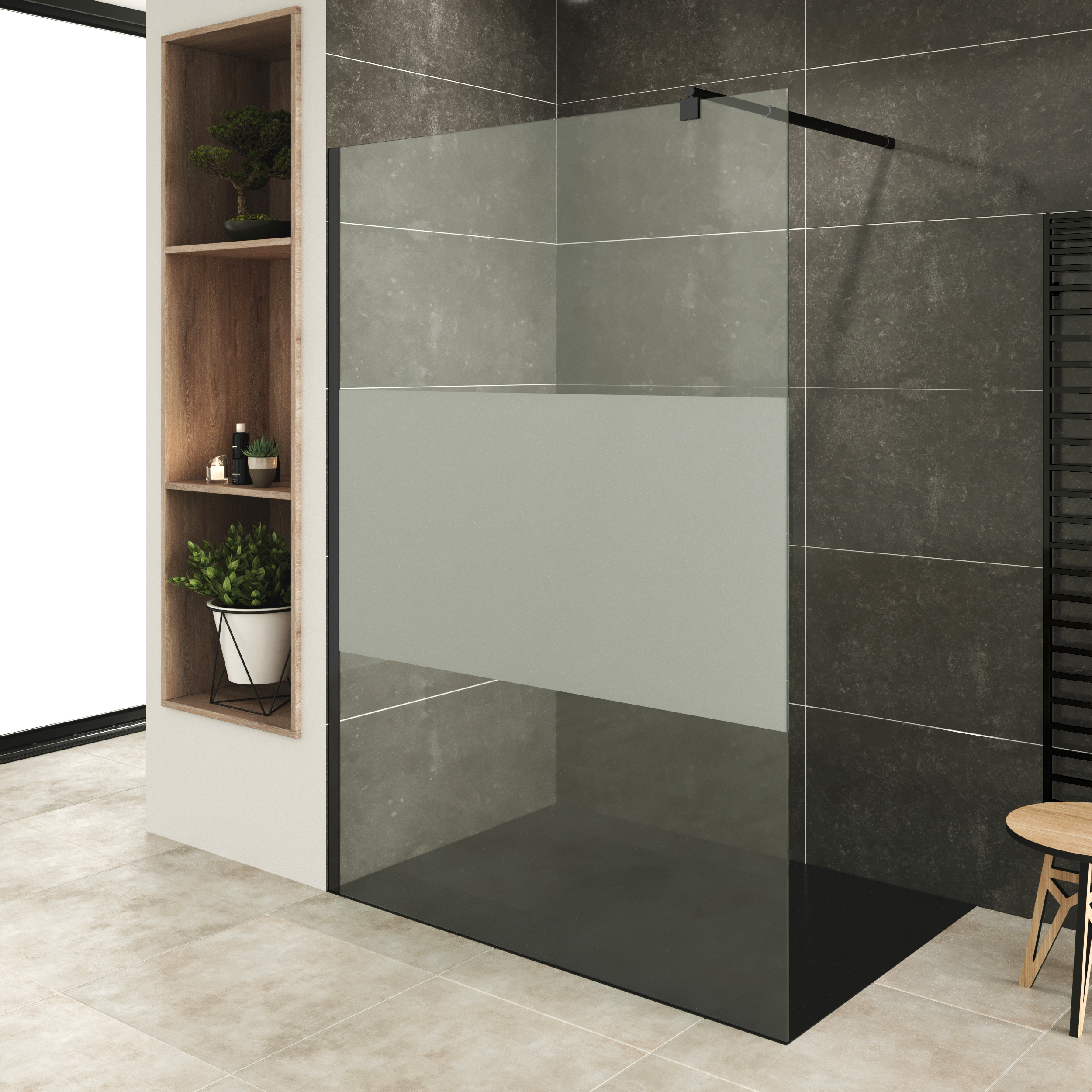 Walk In Dusche Fiona aus 10 mm starkem teilsatiniertem ESG Sicherheitsglas und Aluminium Profil in Schwarz Walk In Dusche Fiona aus 10 mm starkem teilsatiniertem ESG Sicherheitsglas und Aluminium Profil in Schwarz