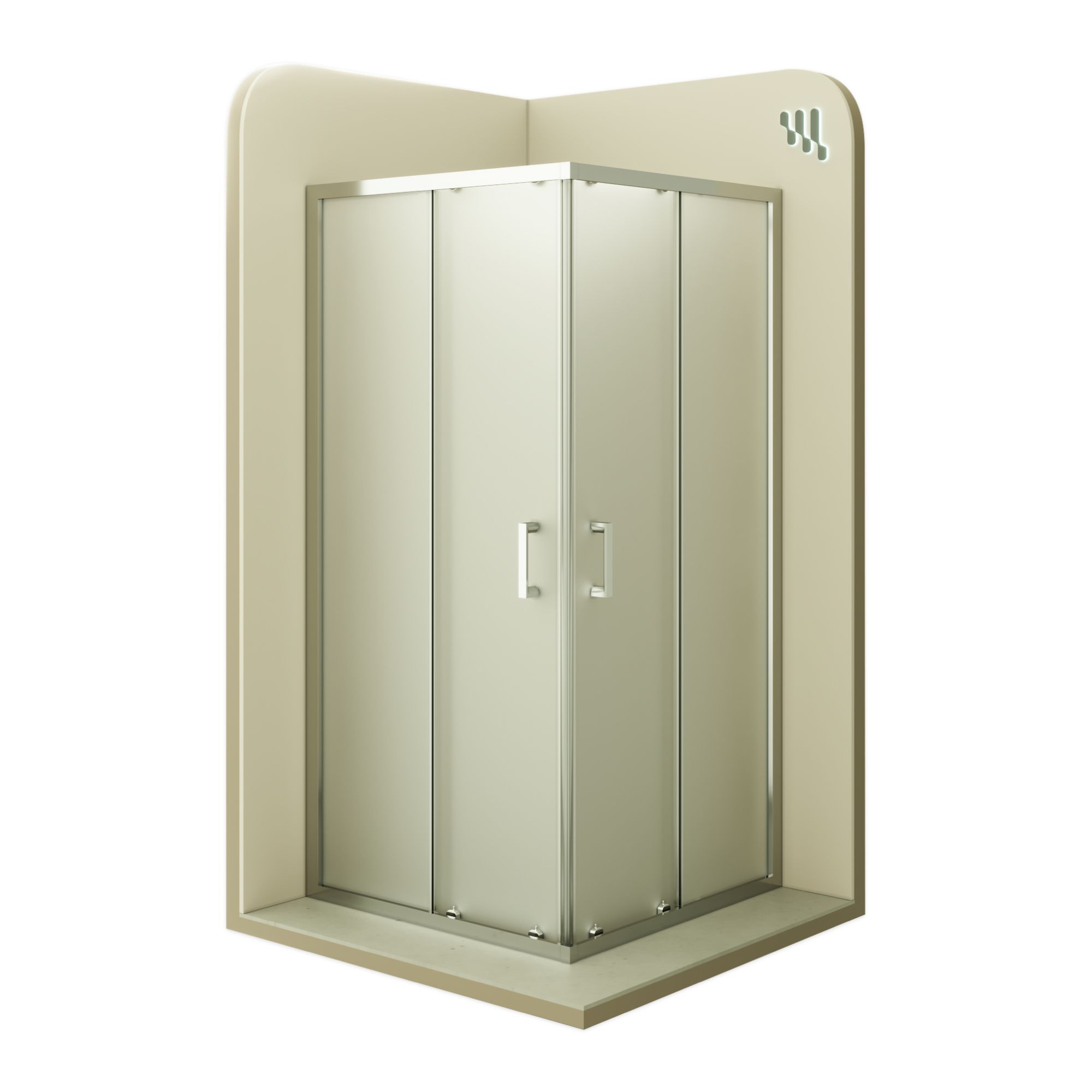 Eckeinstieg Diana mit Schiebetüren aus satiniertem ESG Sicherheitsglas Diana – Corner Entry with Sliding Doors made of Satin-Finished ESG Safety Glass