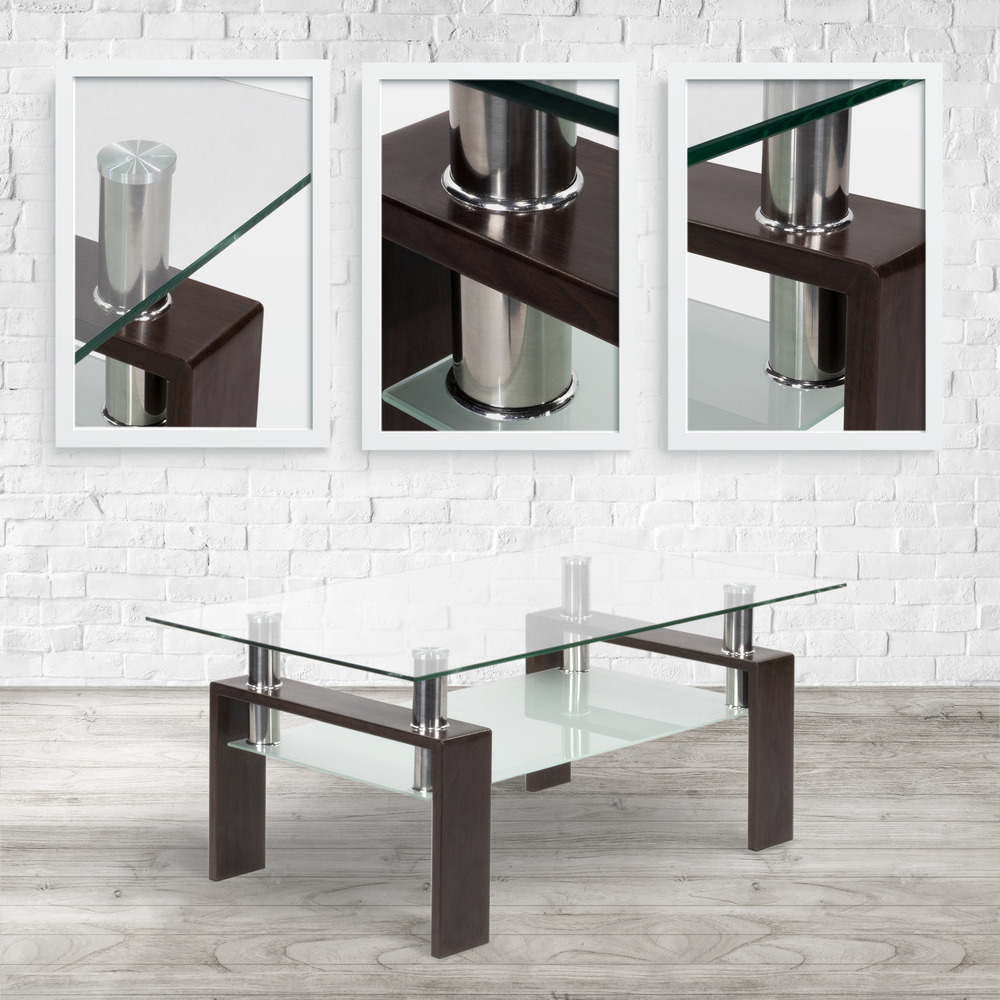 Couchtisch PORTER aus Glas/Metall mit Holz in Walnussfarbe PORTER – Coffee Table made of Glass/Metal with Walnut-Colored Wood