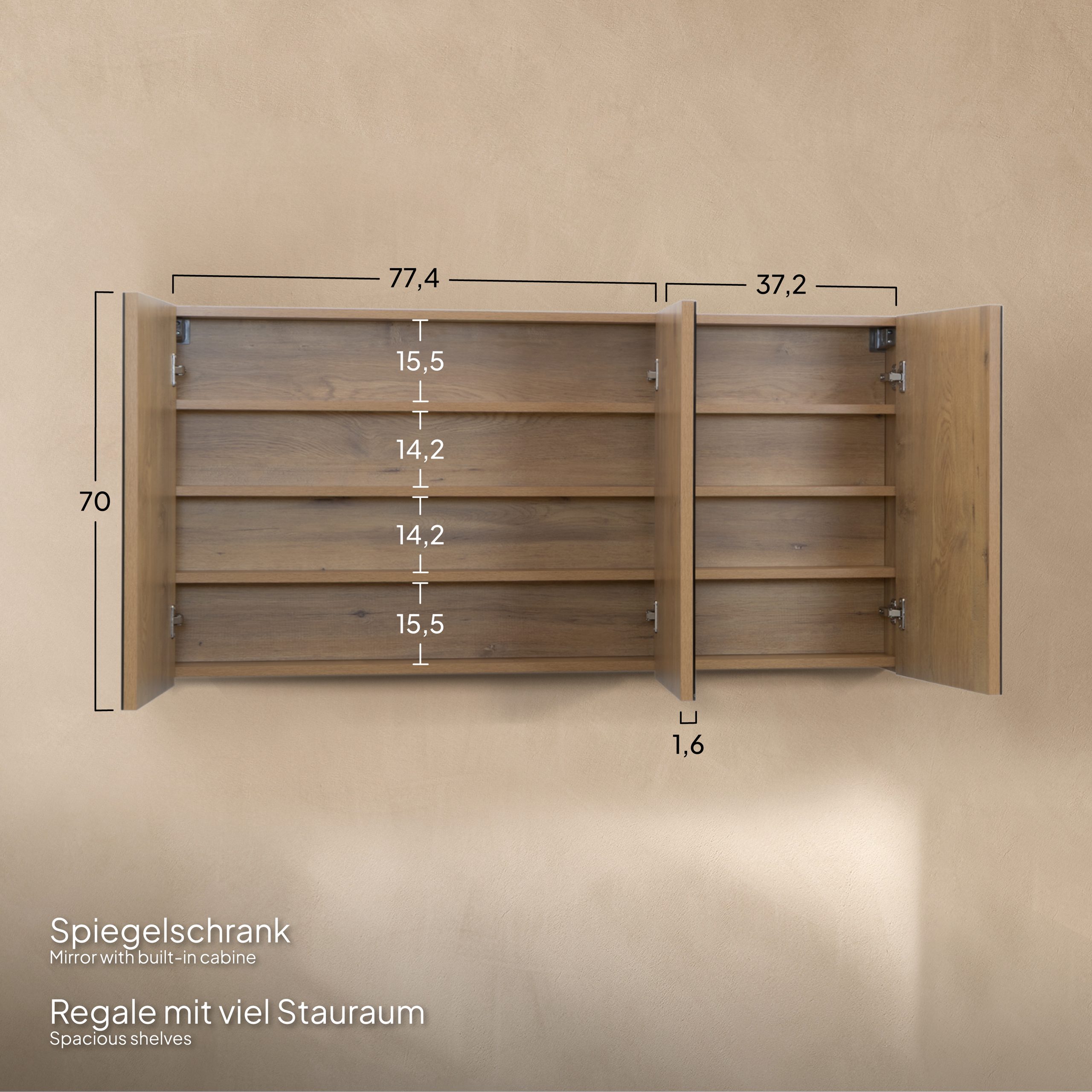 Badmöbel-Set Atena [120 cm] mit Mineralharz-Waschbecken in Hochglanz Schwarz, Unterschrank mit Spiegel und hängendem Hochschrank in Eiche
