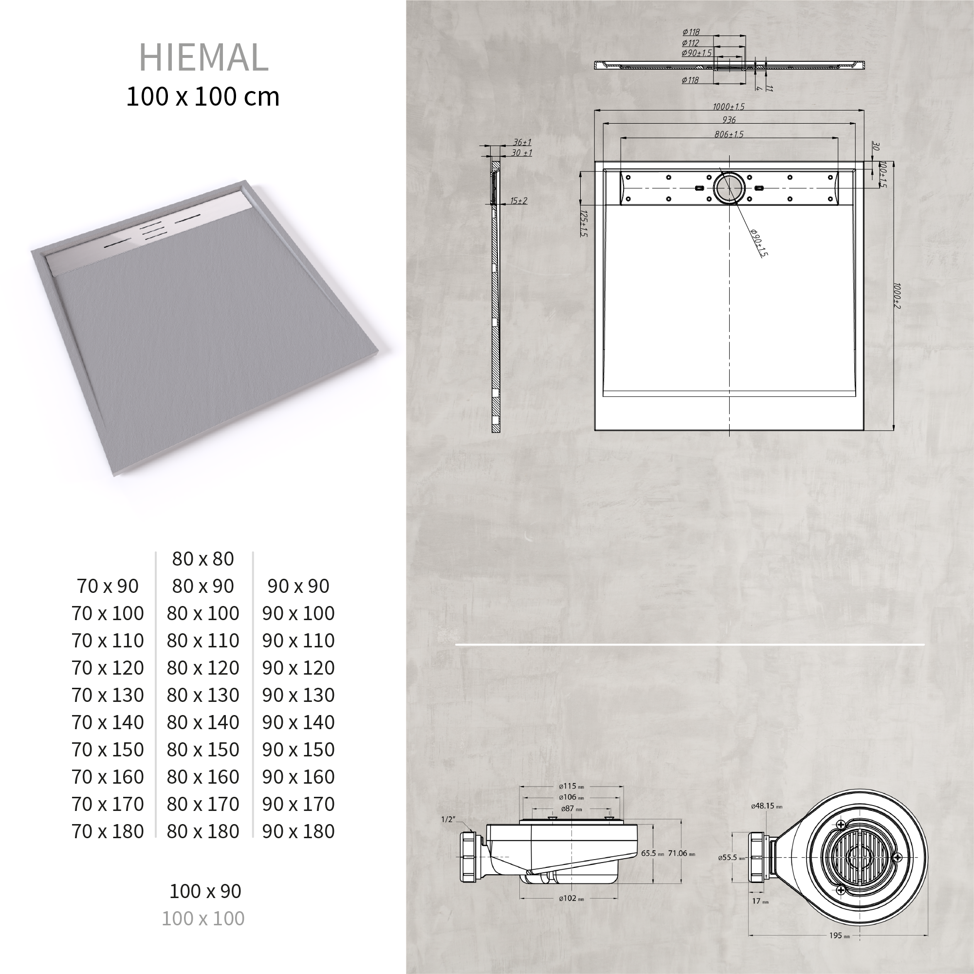 SMC Duschwanne Hiemal in Schieferoptik inkl. Ablaufgarnitur Grau mit Edelstahldeckel 100x100 cm SMC Duschwanne Hiemal in Schieferoptik inkl. Ablaufgarnitur Grau mit Edelstahldeckel 100x100 cm