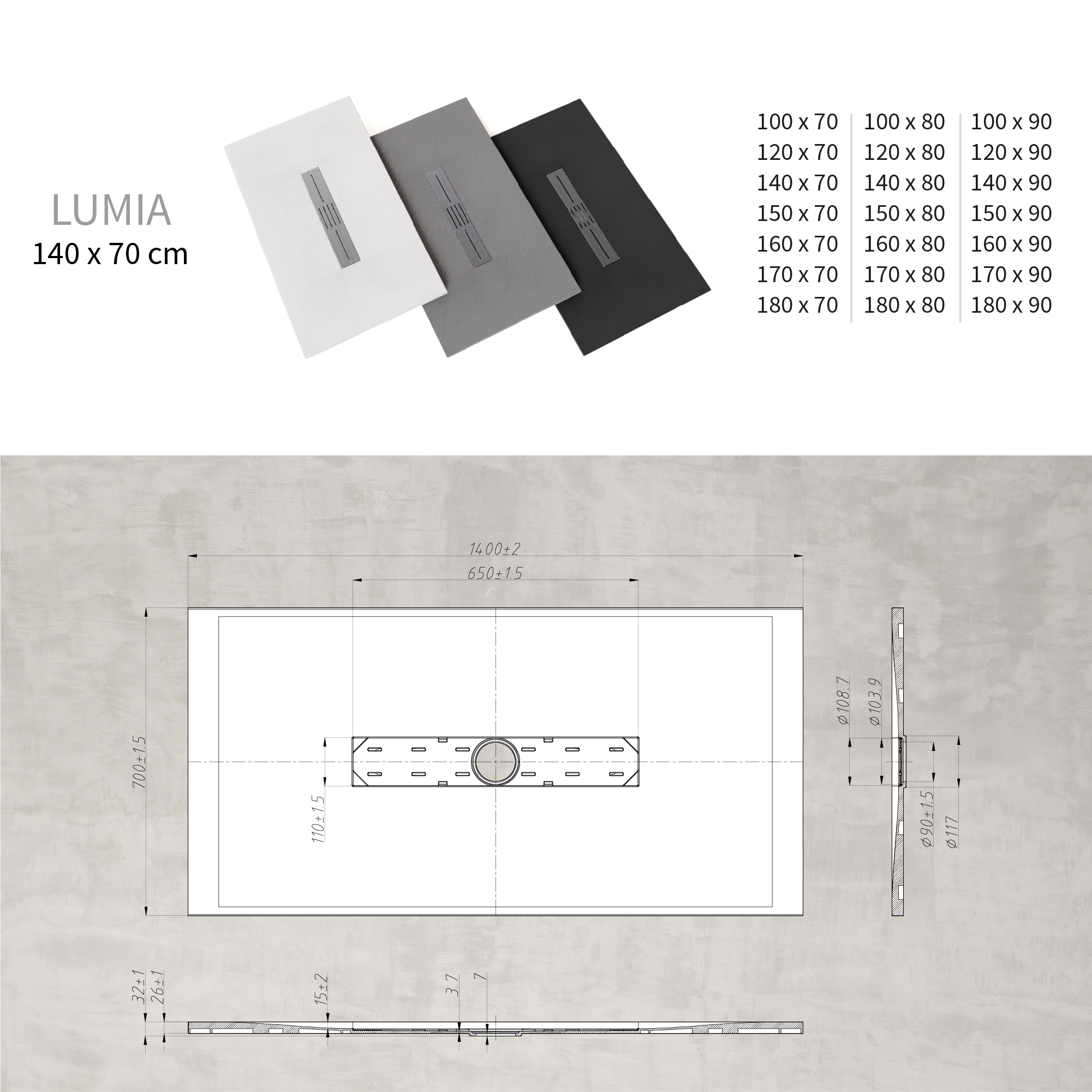 SMC Shower Tray Lumia in Slate Finish with White Waste Set