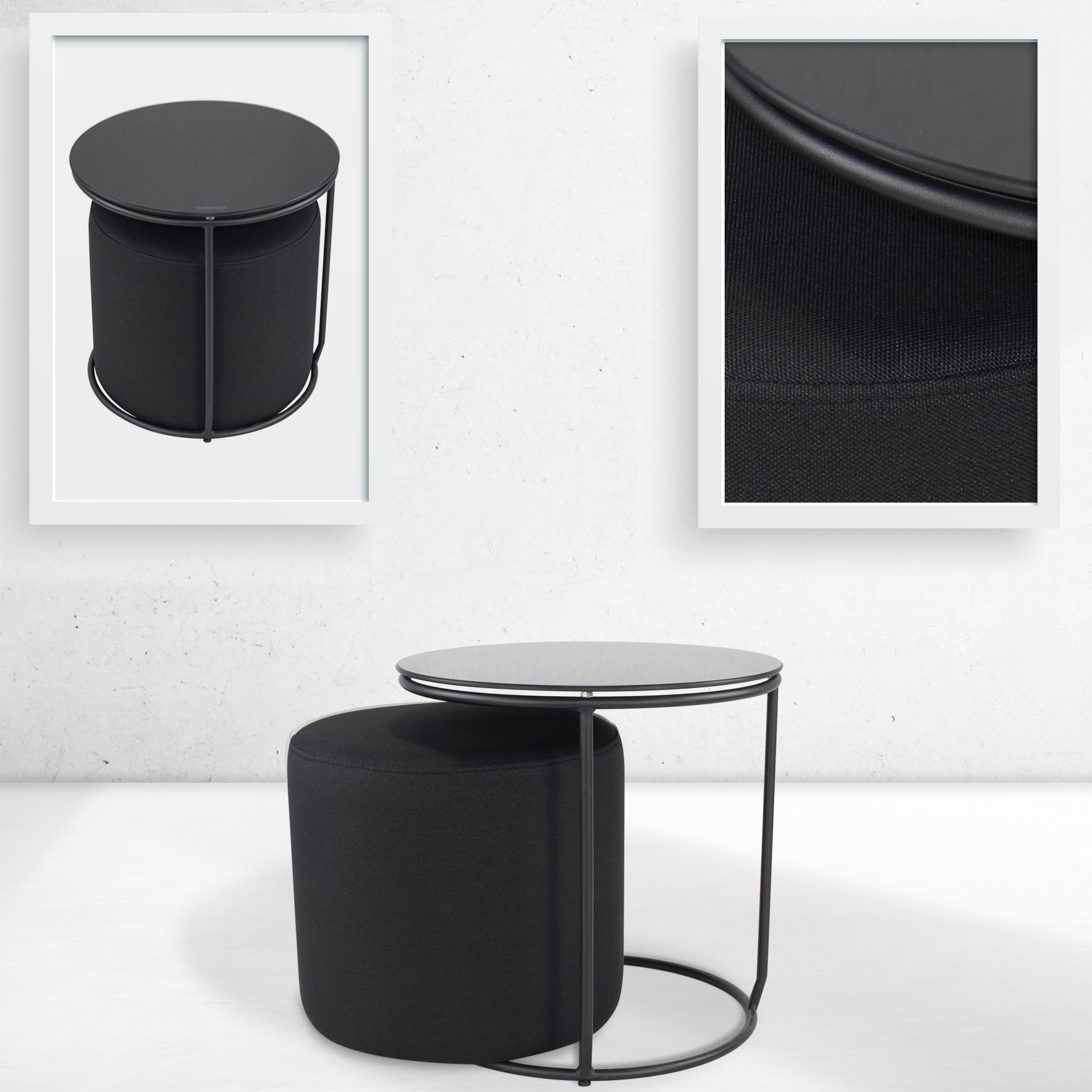 Beistelltisch mit Hocker JASPER runder Couchtisch 40x40 cm Schwarz-Schwarz N2 JASPER – Side Table with Stool Round Coffee Table 40x40 cm Black-Black N2