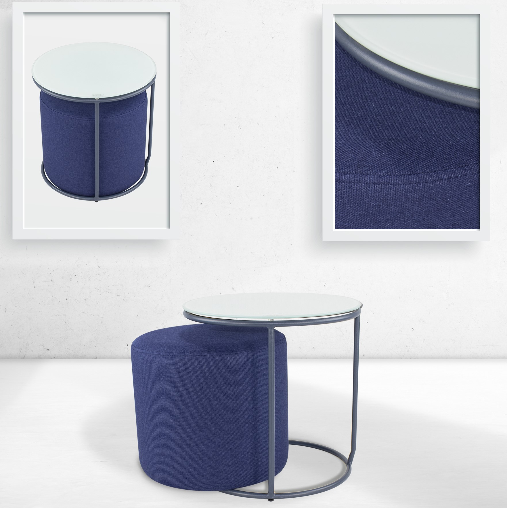Beistelltisch mit Hocker JASPER  runder Couchtisch 40x40 cm Grau-Navy N4