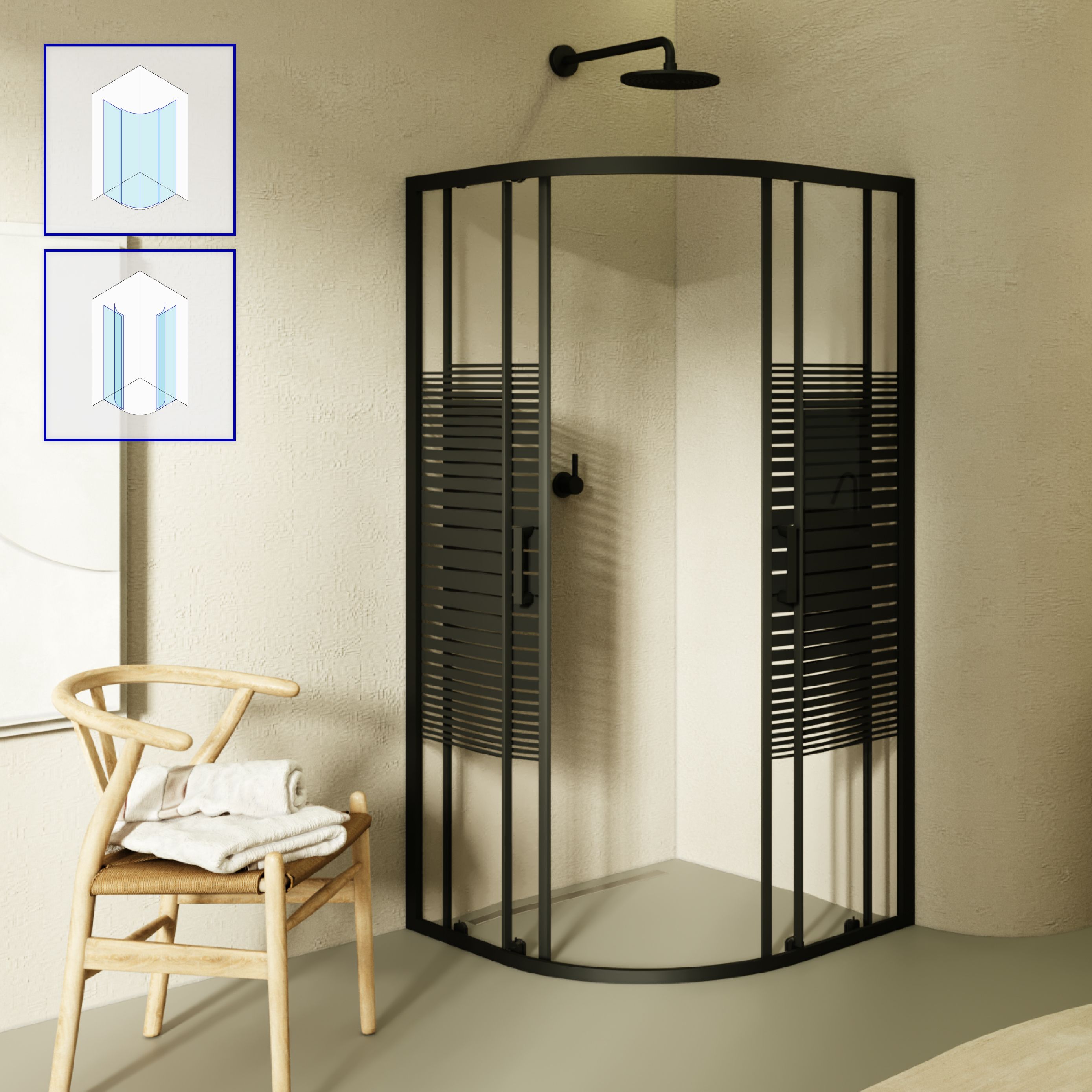Quarter Circle Shower Ella with Sliding Doors made of Striped ESG Glass and Black Aluminum Profiles Ella – Viertelkreisdusche mit Schiebetüren aus gestreiftem ESG Glas mit schwarzen Aluminium Profile
