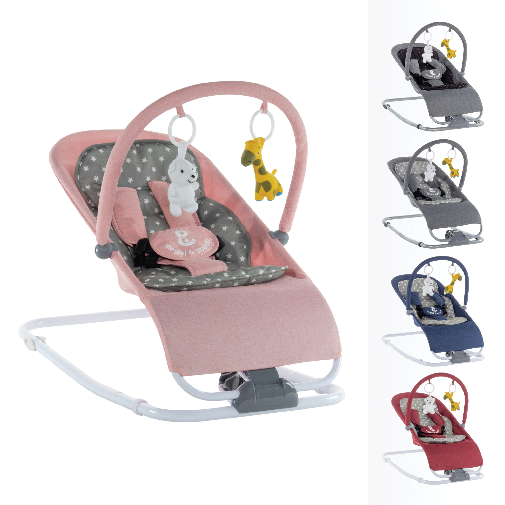 VIENO Baby bouncer with removable cover and play arch Babywippe VIENO mit abnehmbarem Bezug und Spielebogen Rosa + Grau weiße Sterne