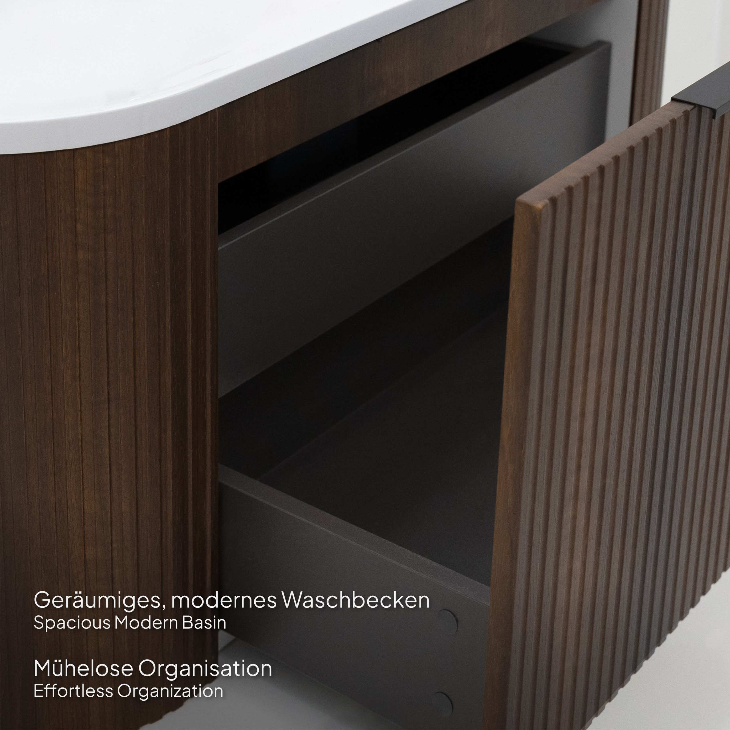 Badmöbel-Set Maia Nußbaum, wandhängend, mit Steinplatte und Waschtisch aus Mineralguss sowie LED-Spiegel mit Antibeschlagfunktion, gerillte Textur Badmöbel-Set Maia Nußbaum, wandhängend, mit Steinplatte und Waschtisch aus Mineralguss sowie LED-Spiegel mit Antibeschlagfunktion, gerillte Textur