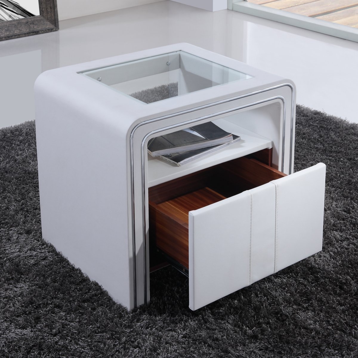 Nachttisch Kommode Nachtkonsole Weiß aus hochwertigem Kunstleder - S85 Leather – Nightstand Console in White made of High-Quality Faux - S85