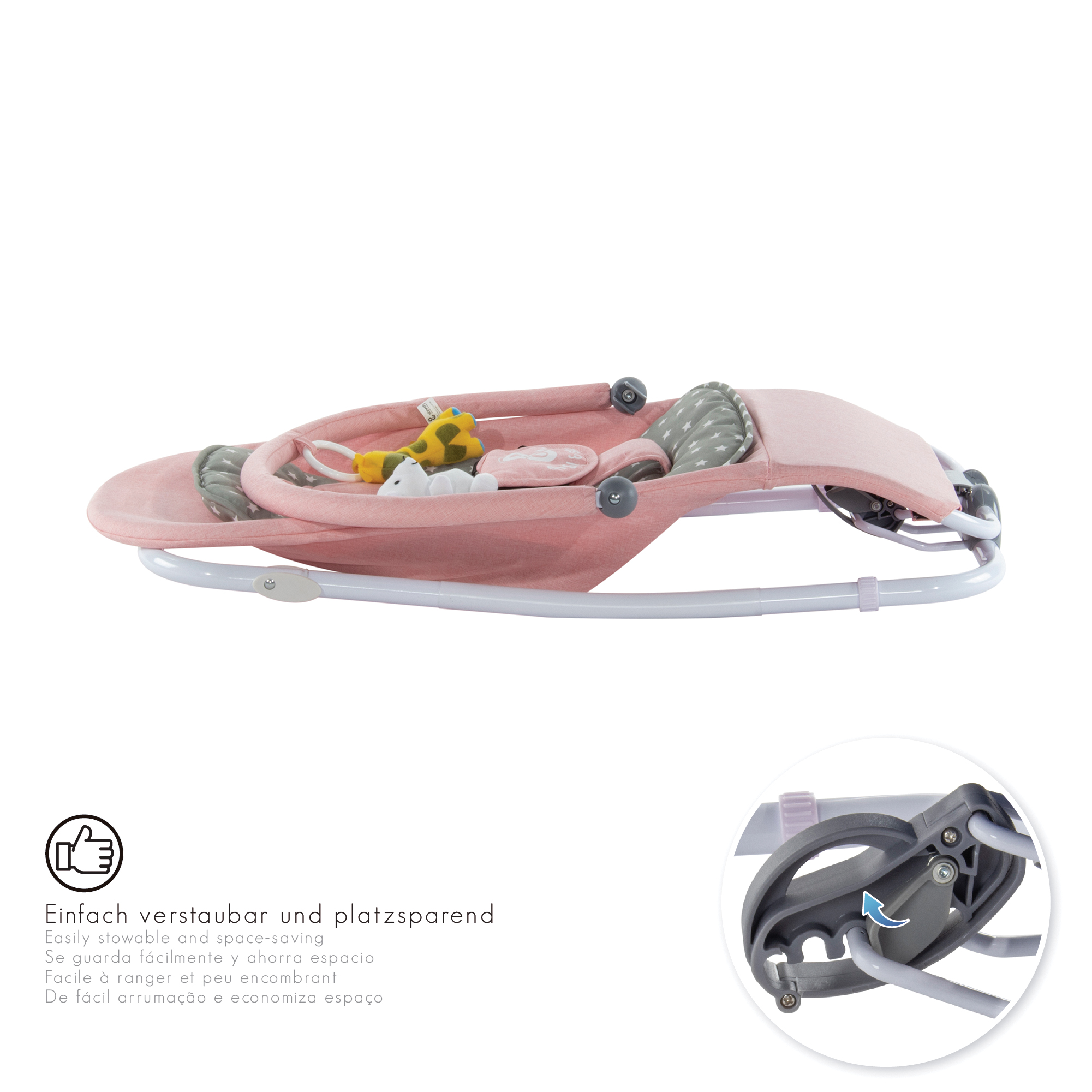 Babywippe VIENO mit abnehmbarem Bezug und Spielebogen Rosa + Grau weiße Sterne Babywippe VIENO mit abnehmbarem Bezug und Spielebogen Rosa + Grau weiße Sterne